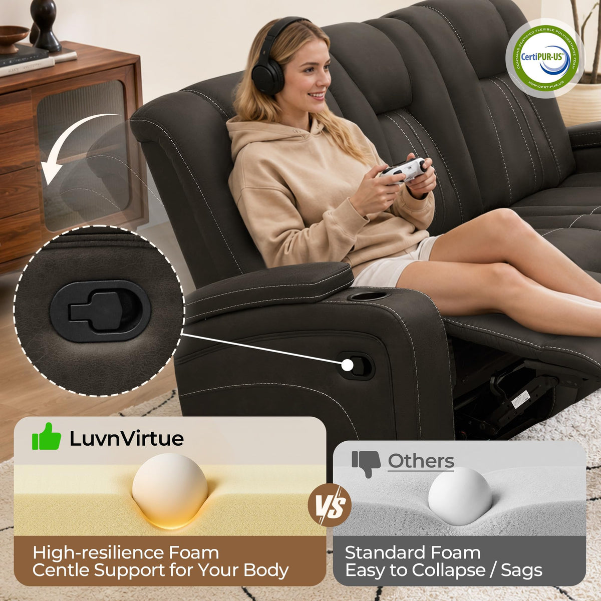 Oversized Recliner Sofa, Ergonomic 3-Seat Home Theater Seating