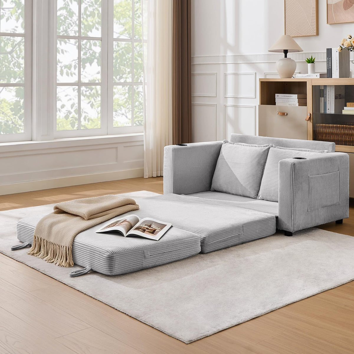 WODNITURE 55.6 in Convertible Sofa Bed, Corduroy Futon Couch, Gray