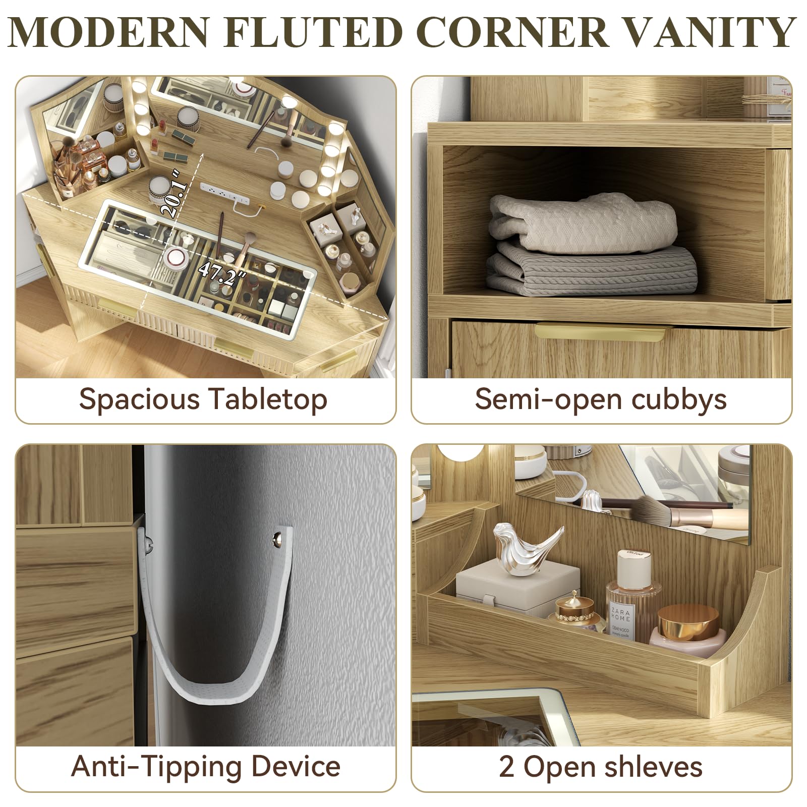 Corner Vanity Desk with LED Mirror & Storage