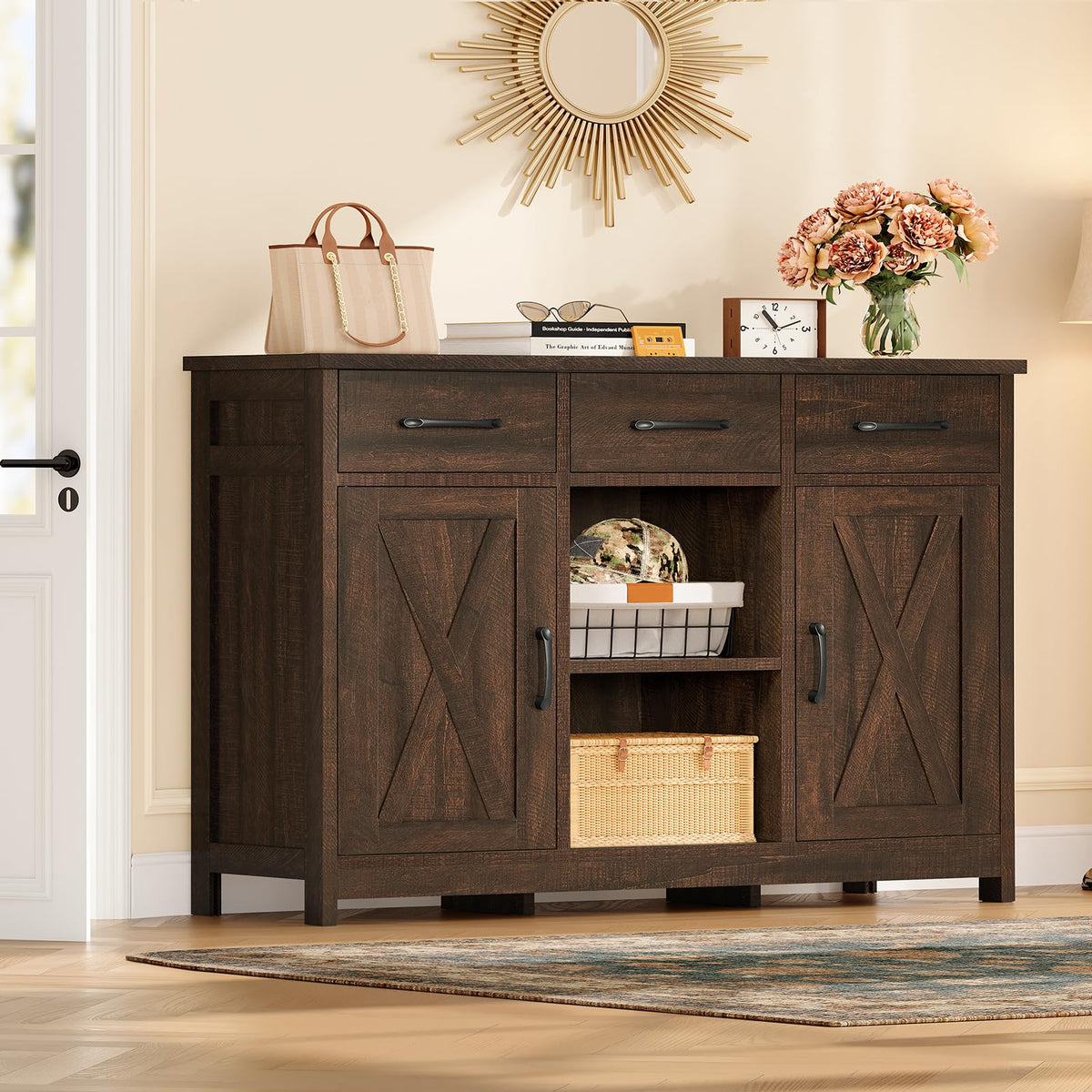 TEENFON Coffee Bar Cabinet with 3 Drawers, Farmhouse Buffet Cabinet
