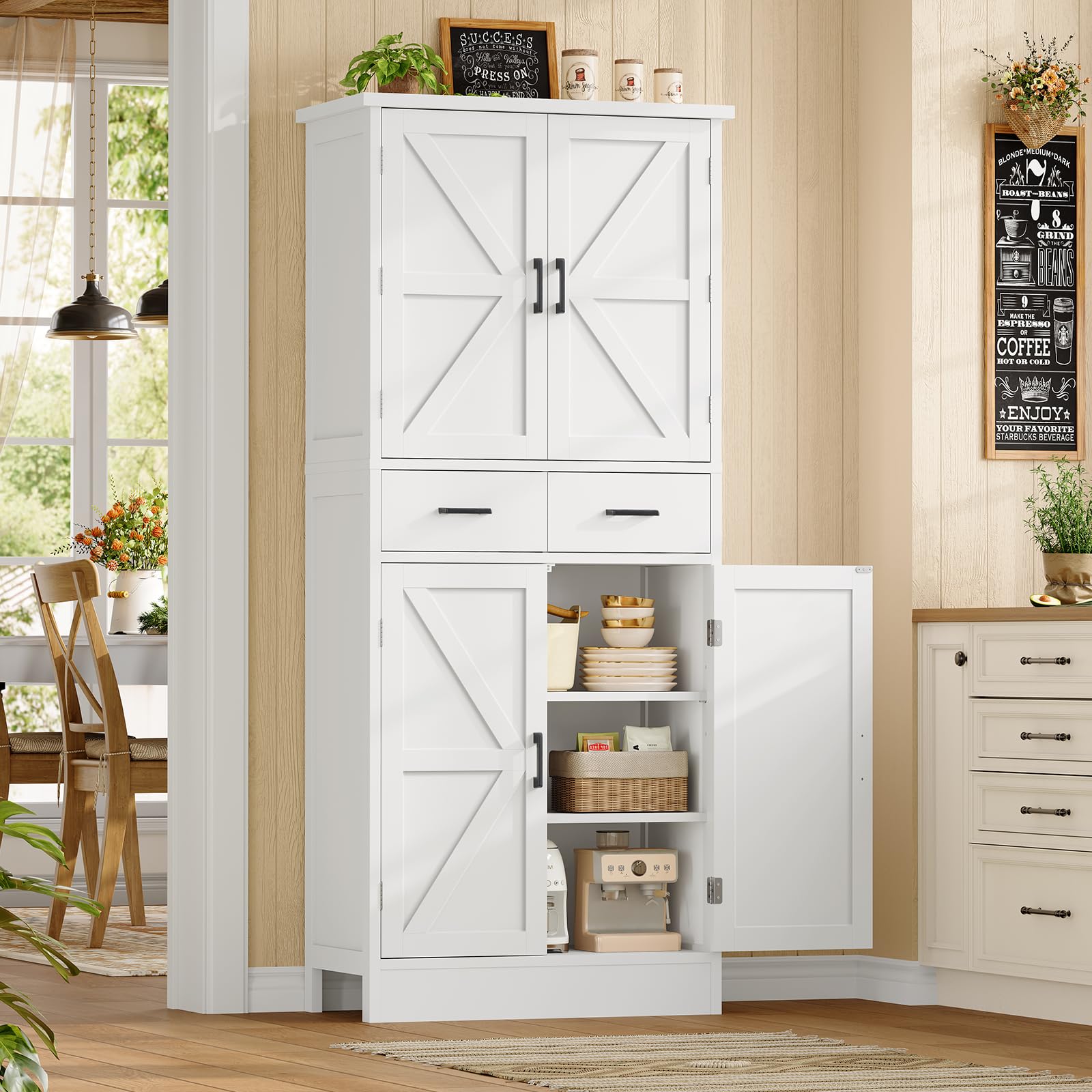 TEENFON Farmhouse Pantry Cabinet, 66.9″H Tall Kitchen Storage Cabinet with Barn Doors, Adjustable Shelves & Drawer, Freestanding Cupboard for Kitchen, Dining Room, Living Room, Bathroom, White