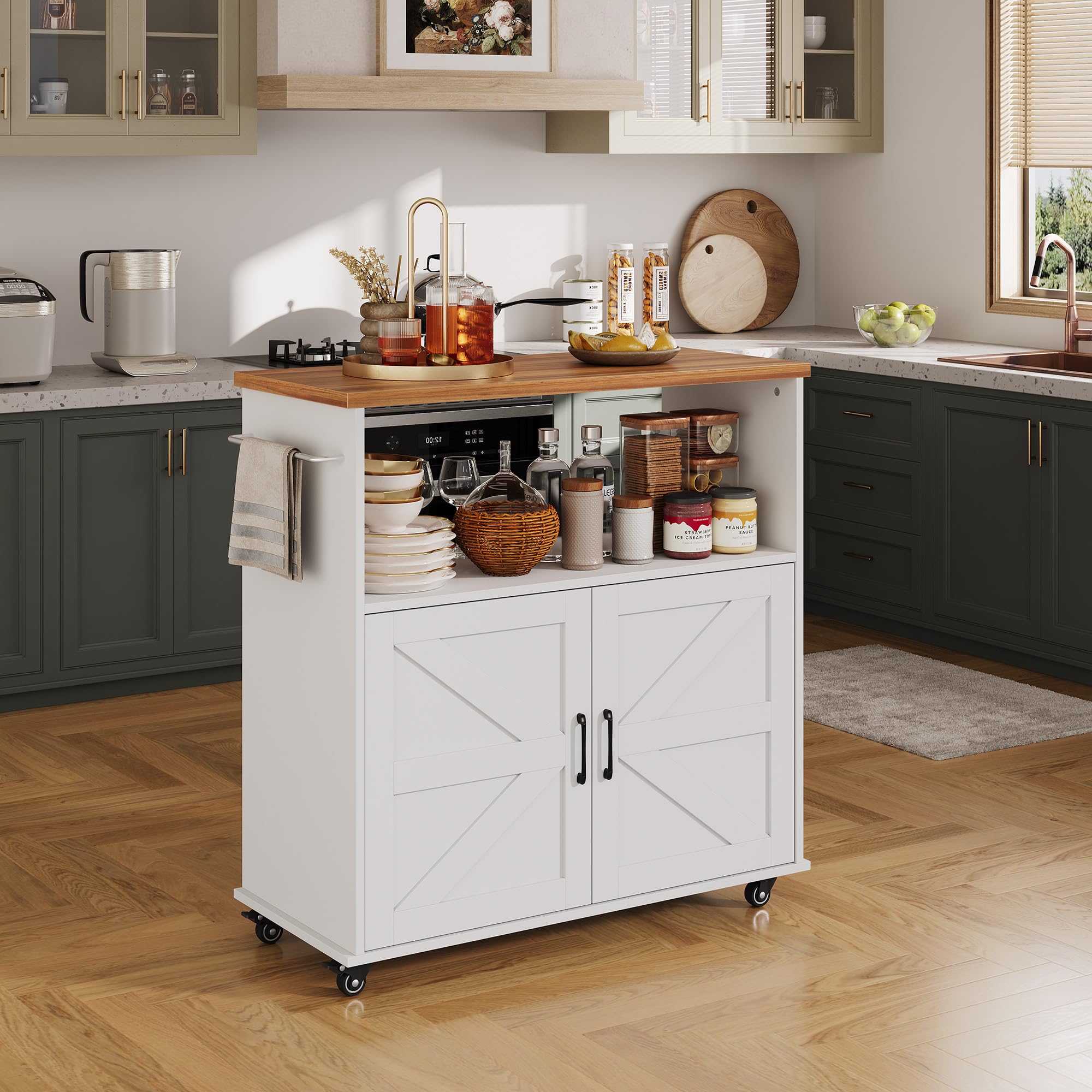 IDEALHOUSE Rolling Kitchen Island with Storage Cabinet, 40.4'' Width Kitchen Cart, Portable Mobile Kitchen Island with Towel Rack, Wood Top and Lockable Wheels for Kitchen, Dining Room