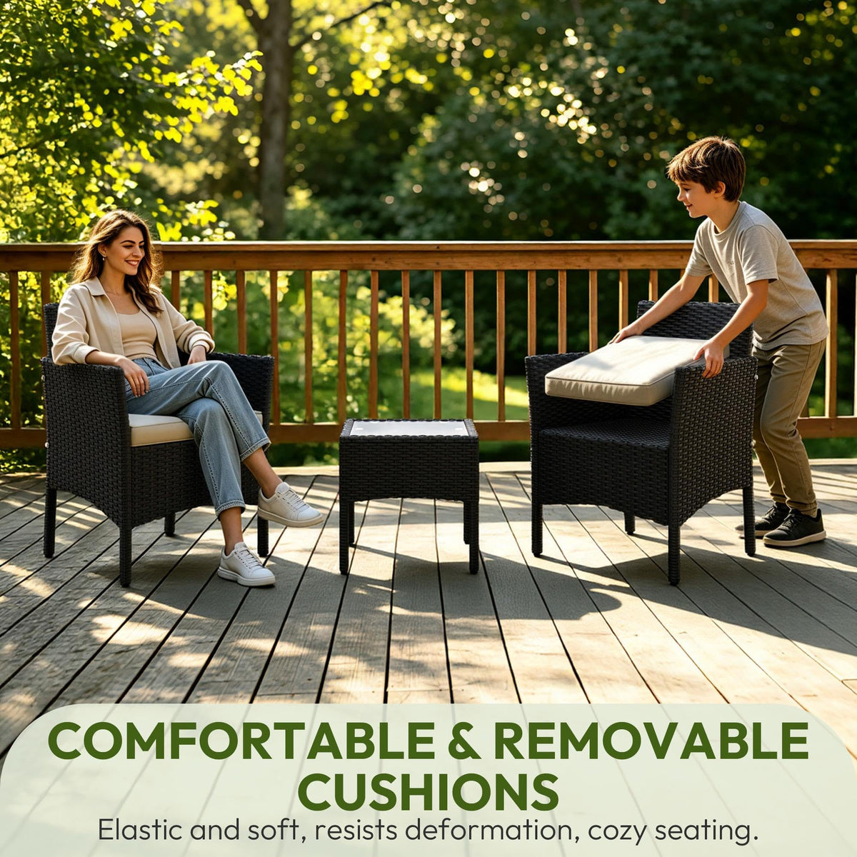 Yaheetech 3 Pieces Patio Conversation Set, Outdoor Rattan Bistro Furniture, 2 Chairs with Cushions & 1 Side Table for Bistro/Porch/Garden/Deck/Courtyard, Black/Khaki