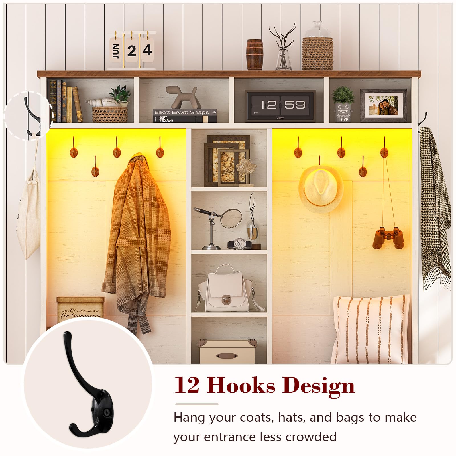 5-in-1 Farmhouse Hall Tree with Bench, Shoe Cabinet, 12 Hooks & LED Lights