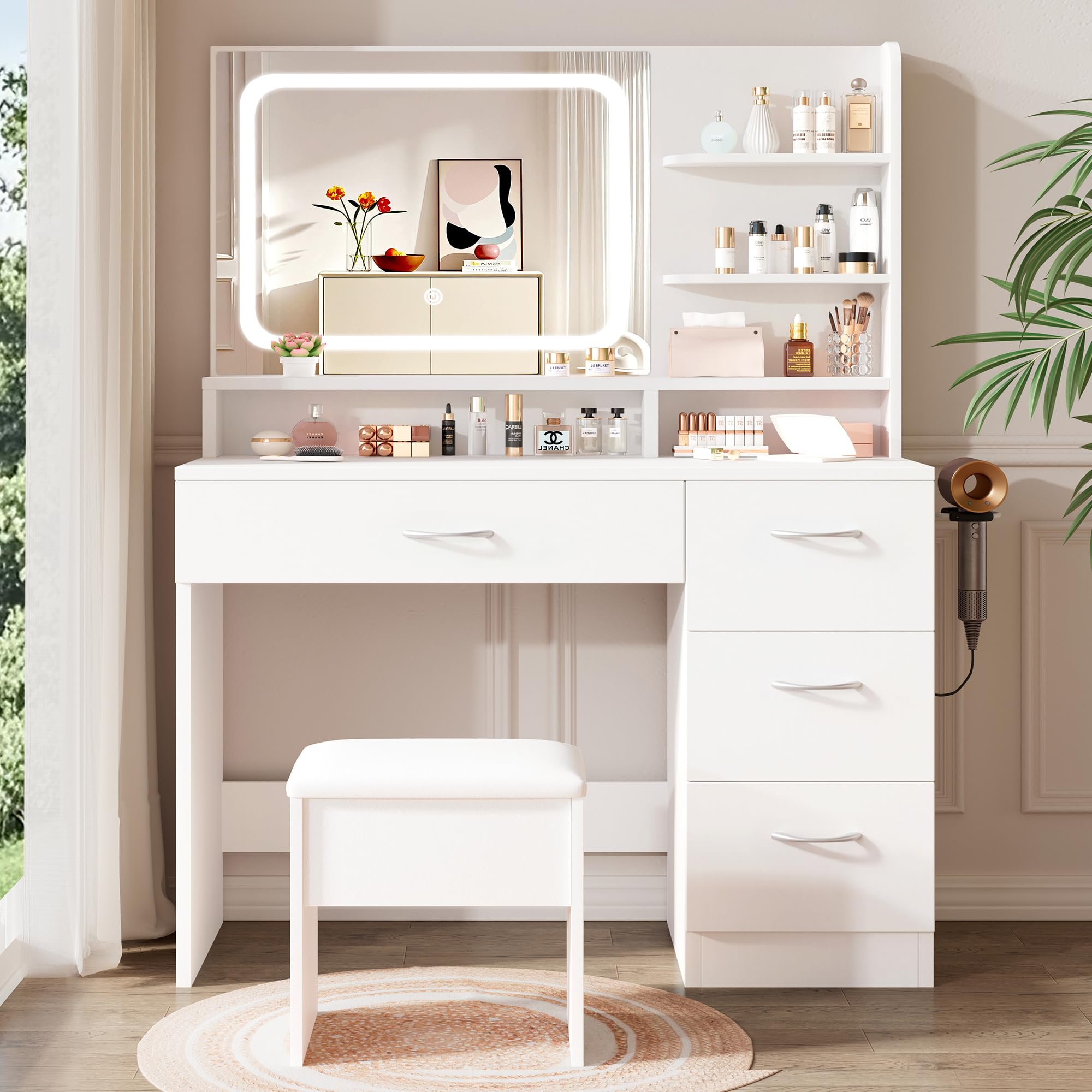 LIVELYGLOW Makeup Vanity Desk with Smart LED Mirror & Charging Station, 34.1" White Vanity Table Set with Cushioned Stool, 4 Drawers & Hairdryer Rack, Modern Bedroom Dressing Table-White