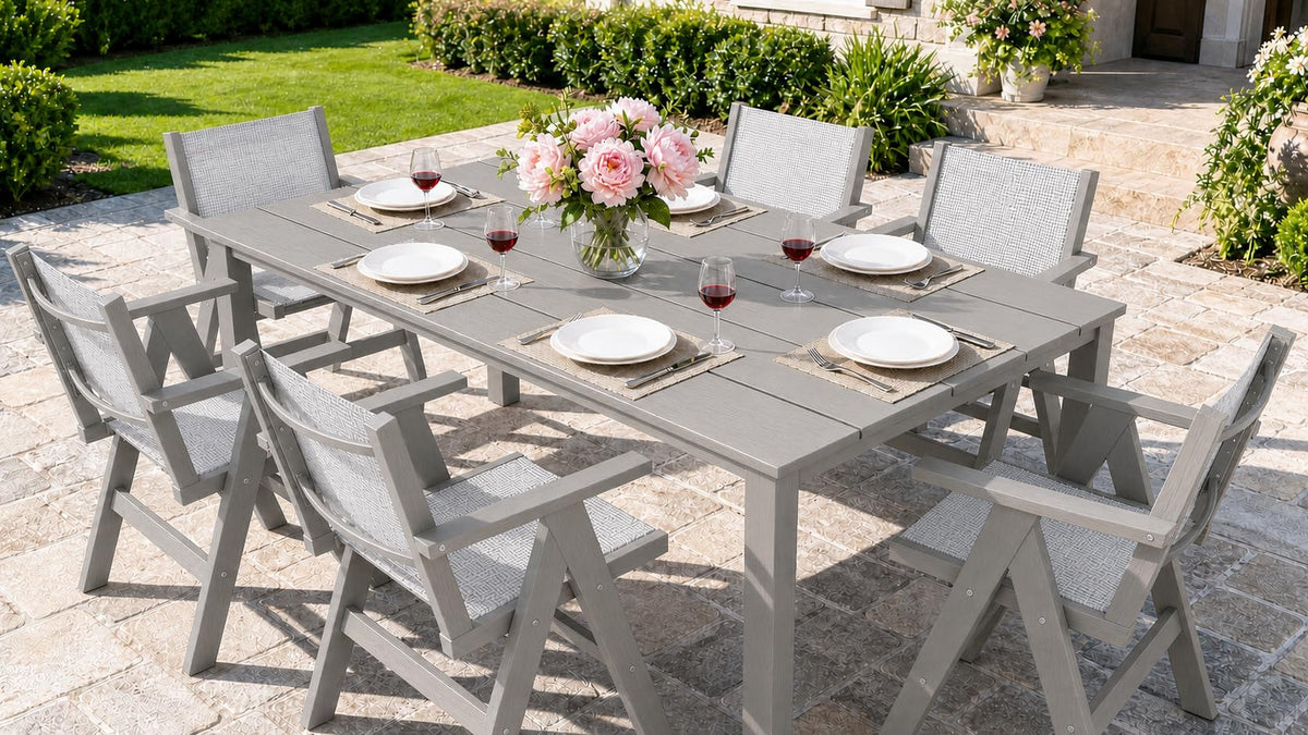 Walnutvale Outdoor Dining Table Set, 7 Piece HDPE Patio Set with Aluminum Dining Table & 6 Textilene Chairs, 69" Outdoor Table with Umbrella Hole for Deck, Lawn, Light Grey