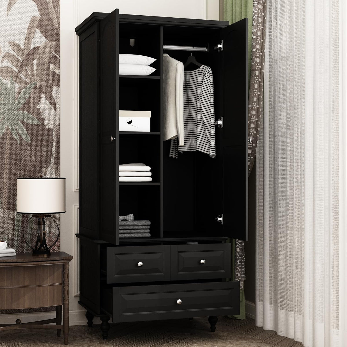 Black Wardrobe with 3 Drawers