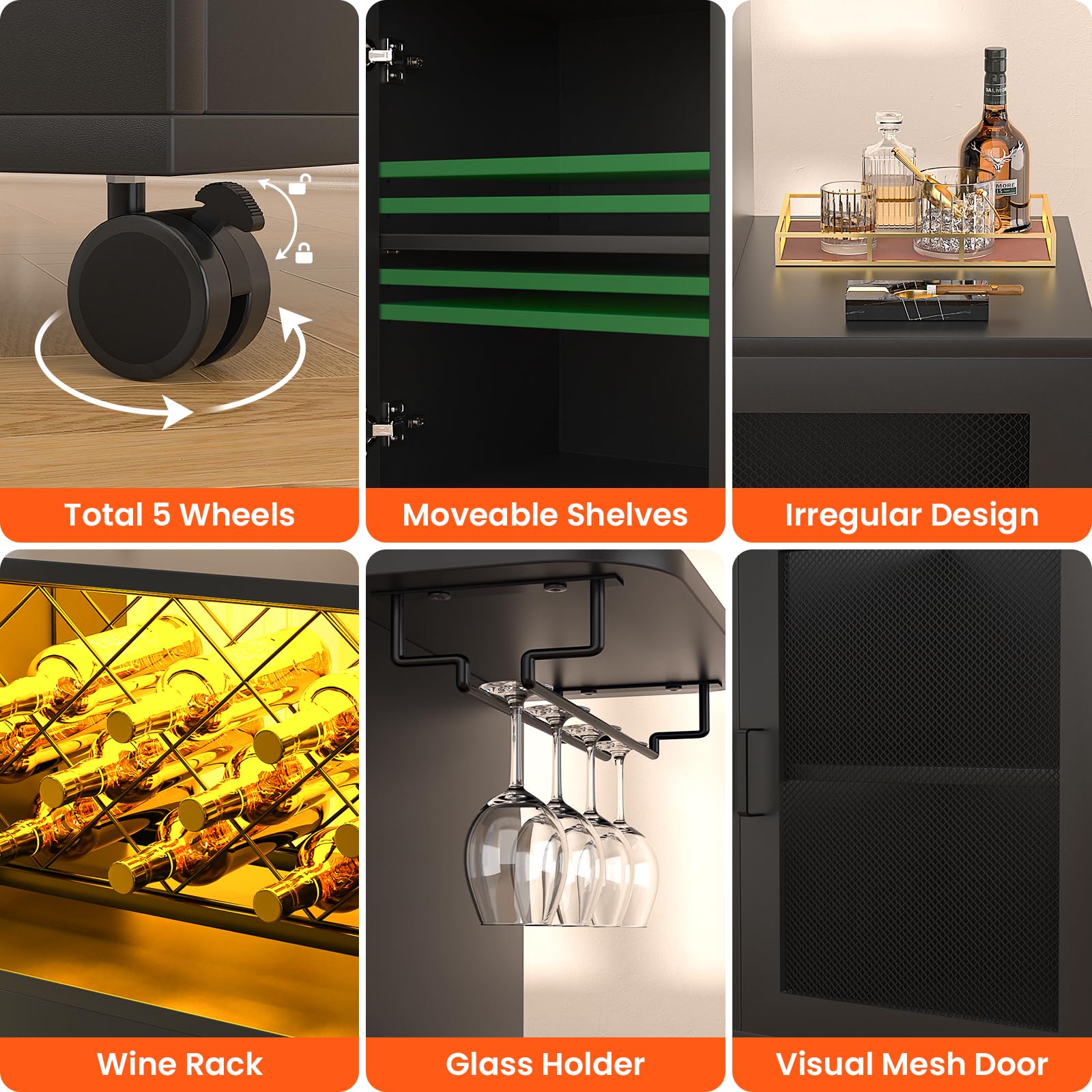 Wine Bar Cabinet with LED Light & Power Outlets
