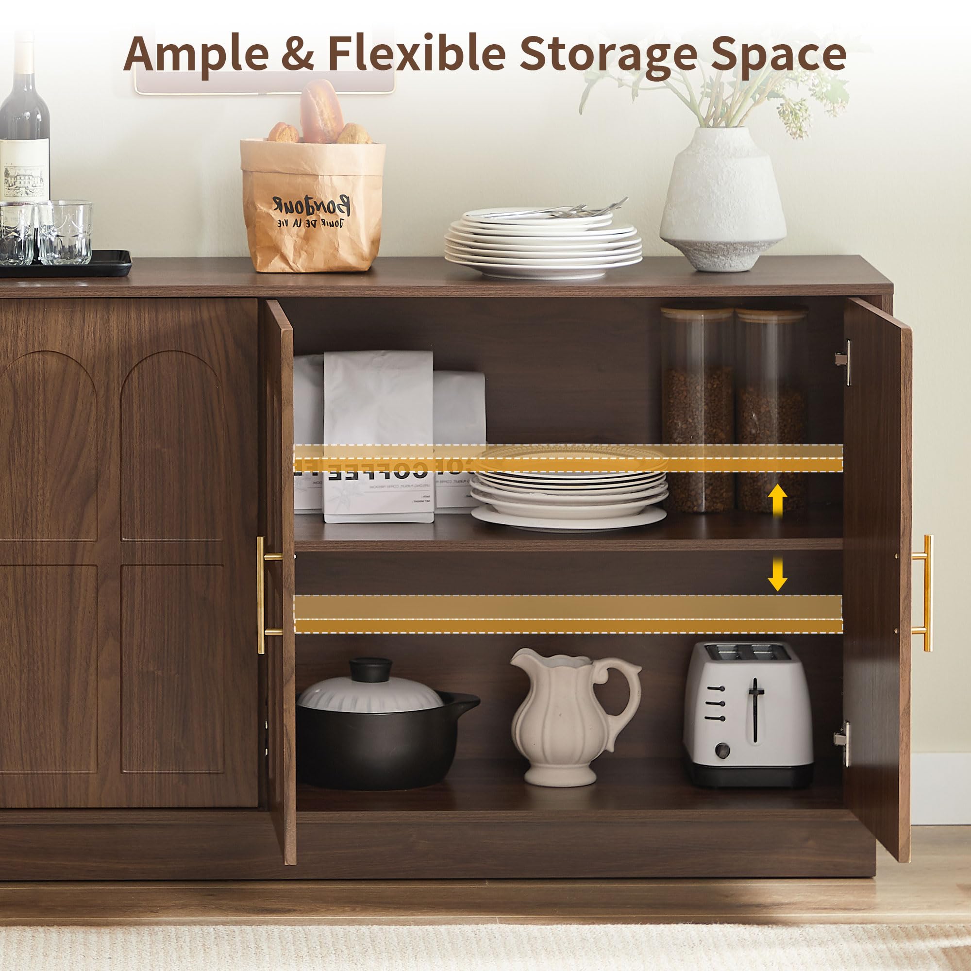 SZTHHDF 66.5" Sideboard Buffet Cabinet with Storage, Modern Credenza with Arched Doors, Large Wood Accent Cabinet for Living Room Entryway (Walnut)