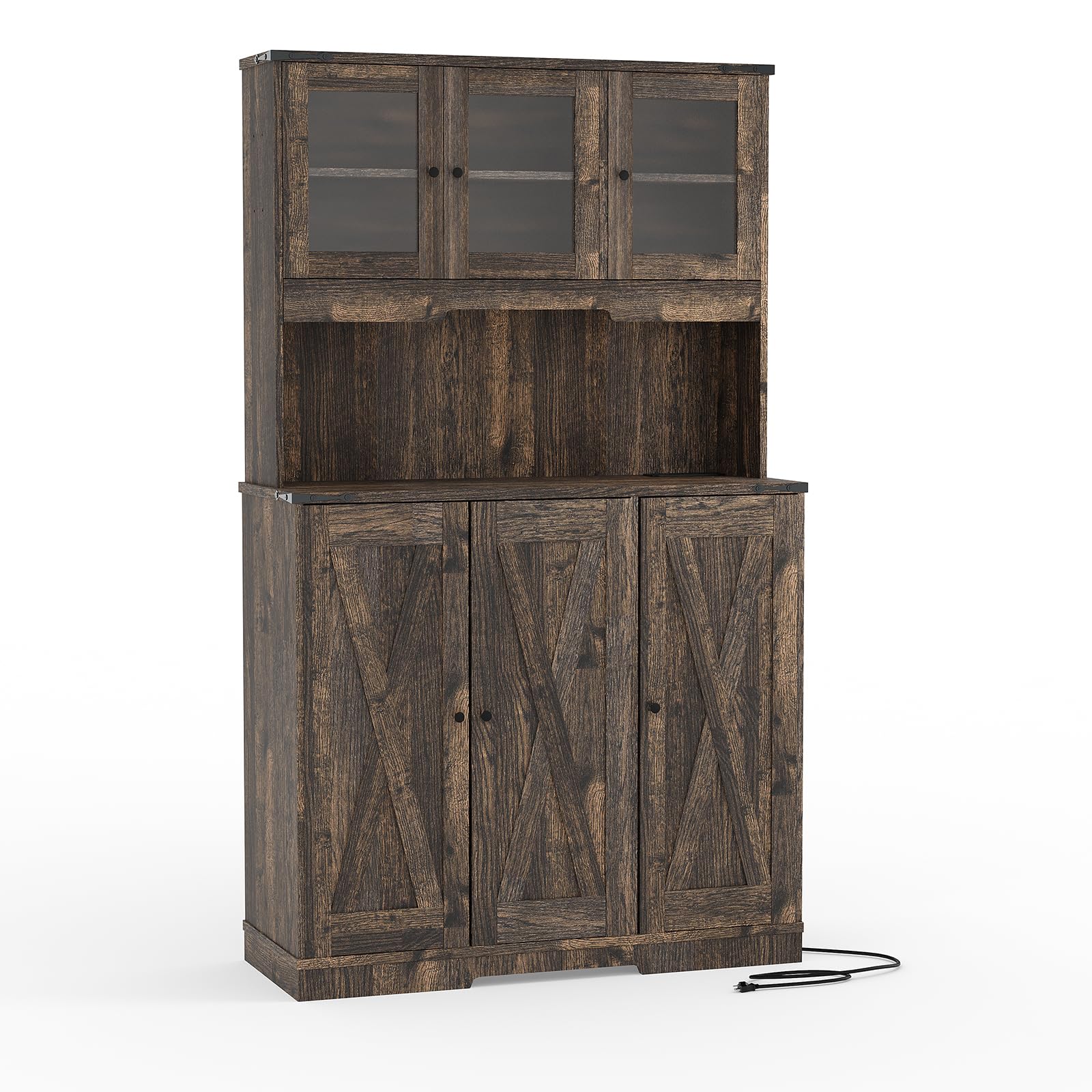 Garvee Rustic Brown Kitchen Pantry Cabinet with Charging Station, Farmhouse Freestanding Kitchen Hutch Cupboard Storage Cabinet with Countertop for Living Room 15.2 in d× 40.35 in w× 70 in h