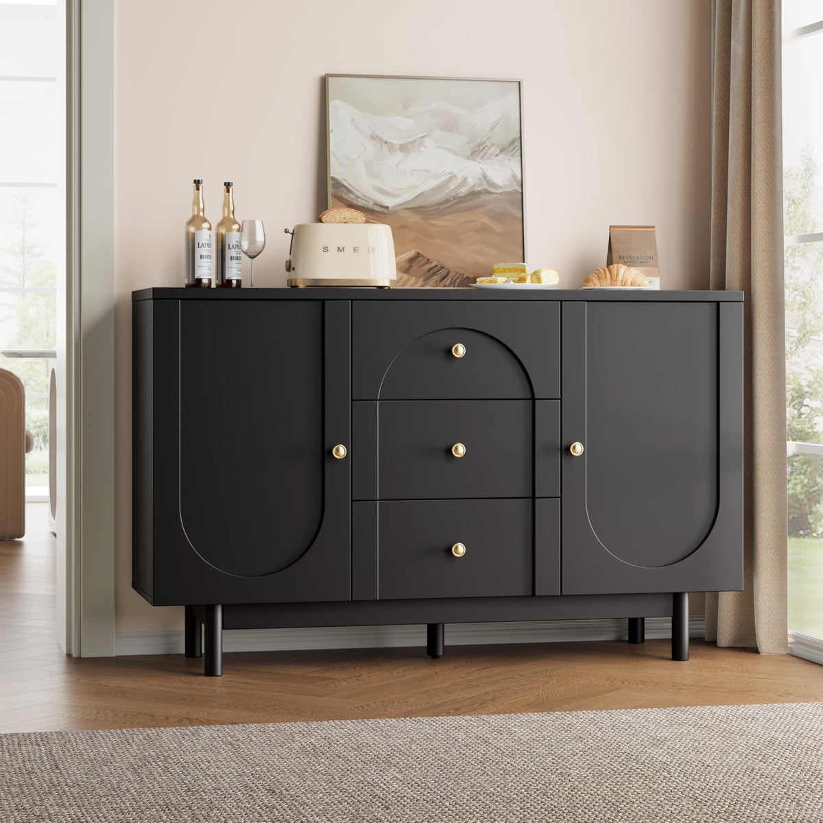 OneBlis Buffet Cabinet with Drawers, 54" Large Sideboard Buffet Storage Cabinet with Adjustable Shelves and Doors, Modern Coffee Bar Station Kitchen Table for Kitchen, Dining Room, Black