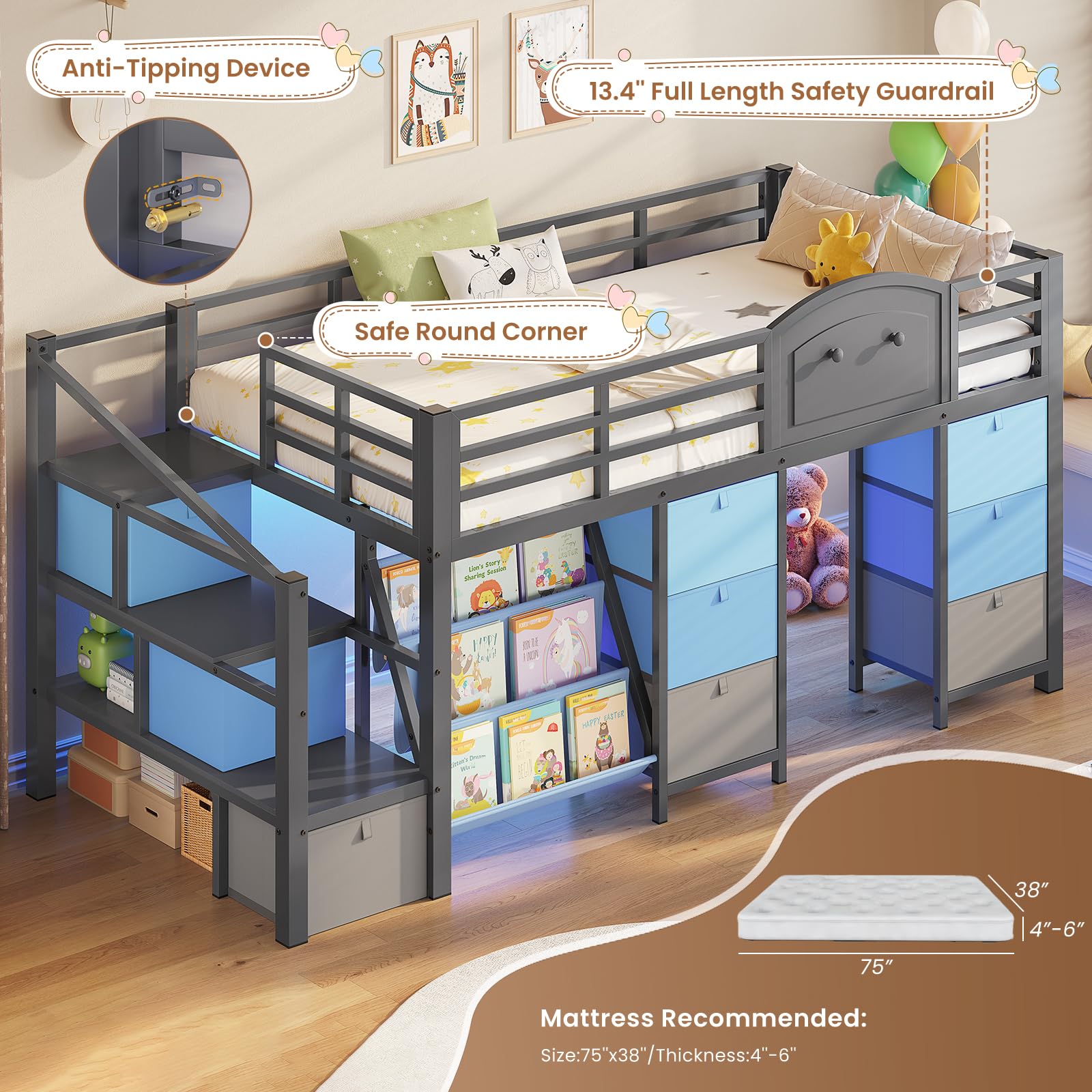 Kids Low Loft Bed Twin with Storage Drawers, LED Lights & Playhouse