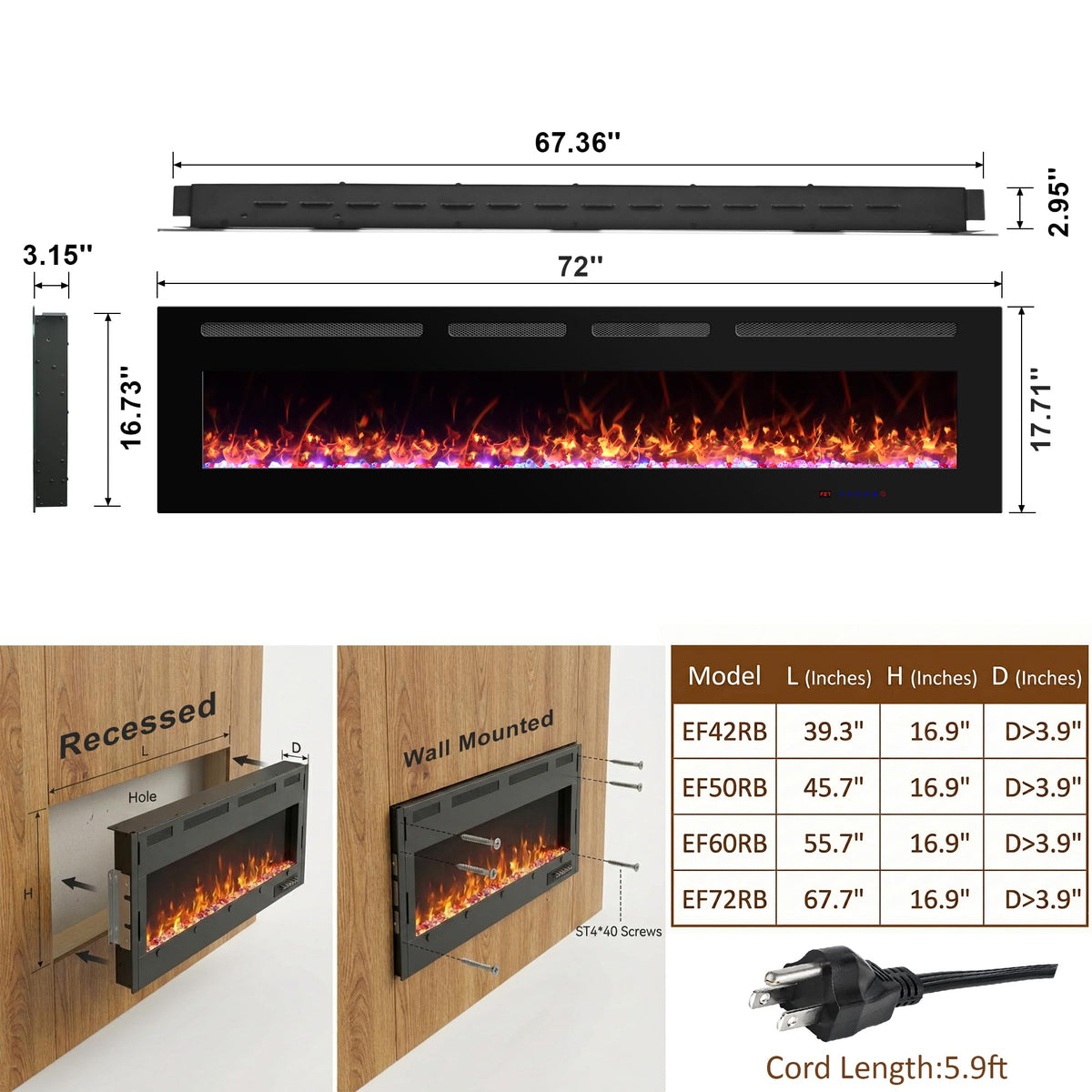Vinemount 72" Electric Fireplace Insert Ultra-Thin, Recessed & Wall Mounted, Fireplace Heater with Adjustable Flame & Fuel Bed Color, 5 Flame Speeds & Brightness, 750/1500W, Timer