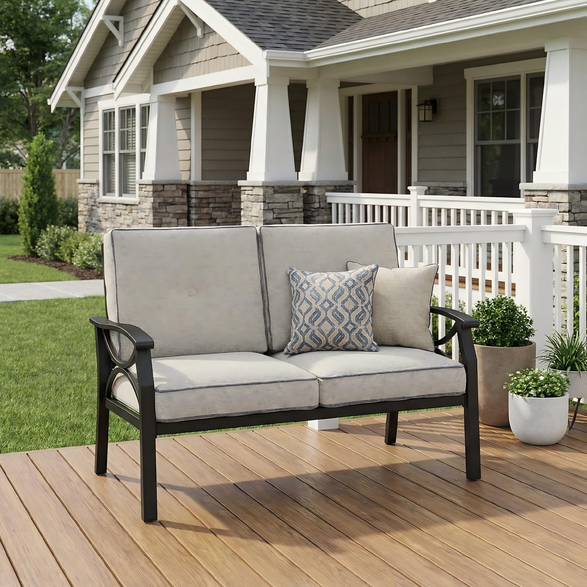 Outdoor Patio Loveseat with Cushions, Black Steel Frame