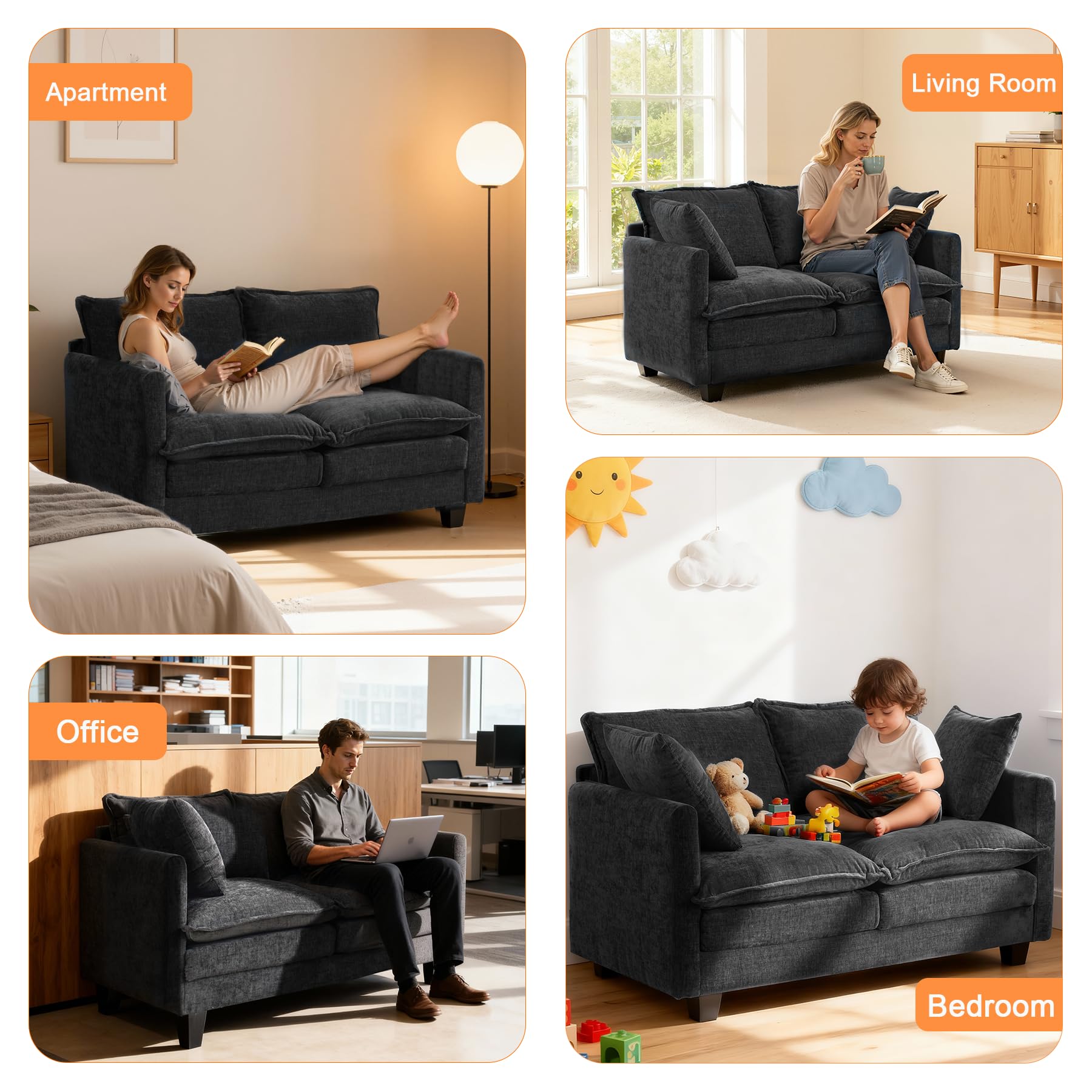 MUDANT Loveseat Sofa Cloud Sofa Couch 50'', Modern Loveseats 2 Seat Couch 27" Deep Seat with 2 Pillows for Small Spaces Apartment Studio Office Bedroom Living Room 8834-BLACK