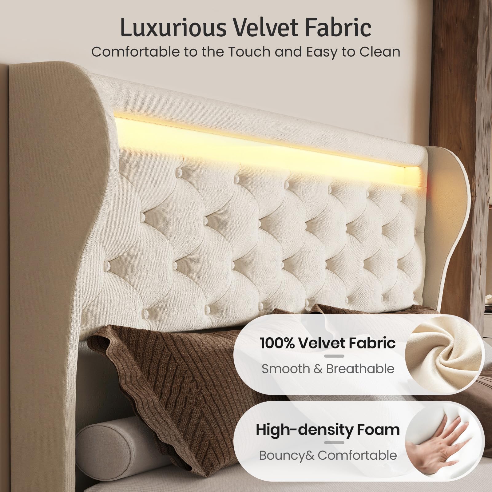 Upholstered Velvet Platform Bed Frame with LED Lights & Charging Ports