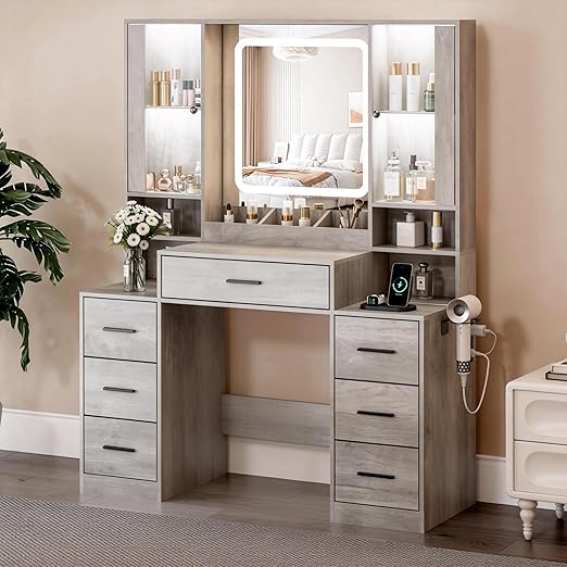 Vanity Desk with Mirror, LED Lights, 7 Drawers & RGB Cabinet Lighting