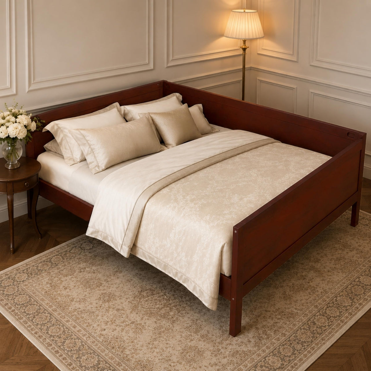 Corner Bed Frame Full Size with 3-Side Rails and Slat Support, Dark Walnut