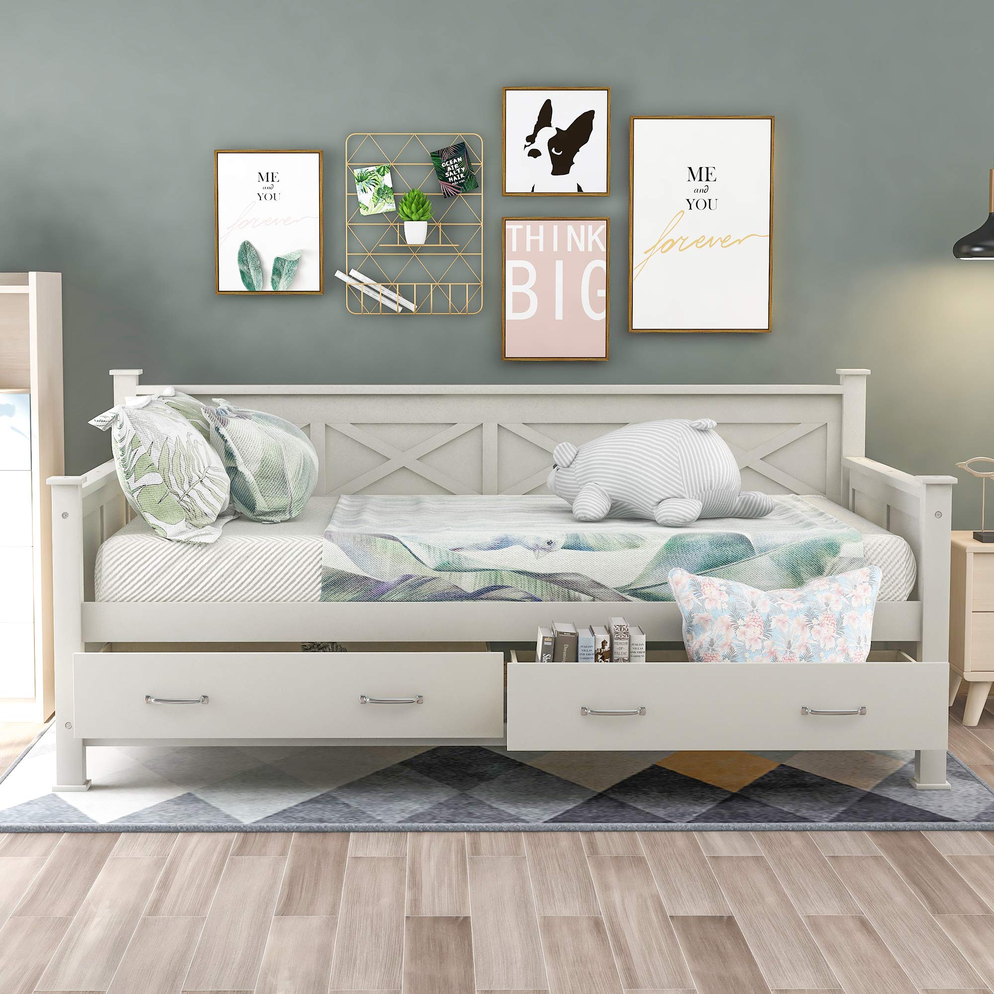 Twin Size Solid Wood Daybed Frame with 2 Storage Drawers,X-Shaped Backrest and Armrests,Low Profile Design,Perfect for Kids Room,Small Space,Apartment,No Box Spring Needed,Space Saving,Cream White