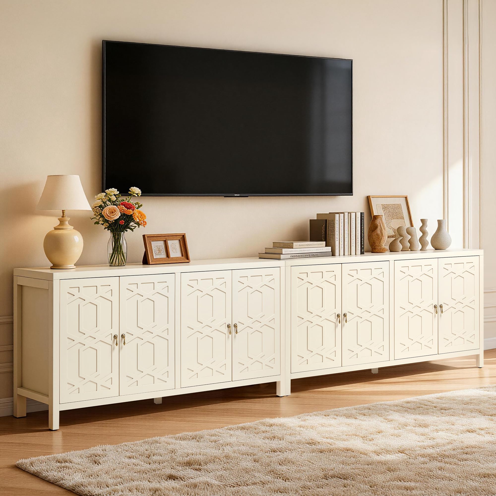 RoyalCraft Buffet Cabinet with Storage, 60" W Modern Coffee Bar Sideboard with 4 Doors & Adjustable Shelves, Painted Wooden Credenza for Dining Room, Kitchen, Living Room, Beige