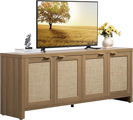 Boho TV Stand with Rattan Cabinet Doors