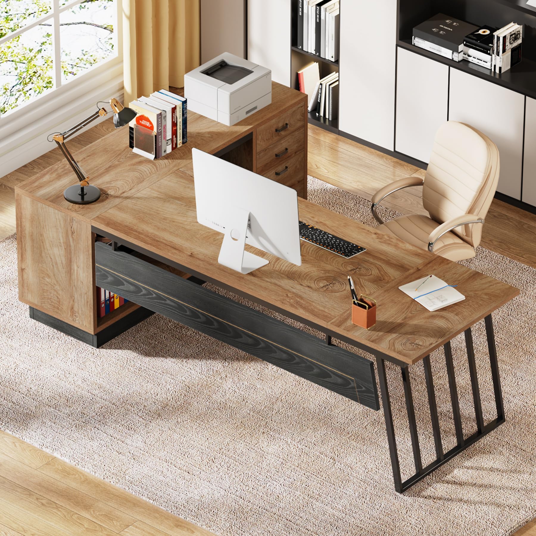 L-Shaped Executive Desk with Cabinet & Drawers