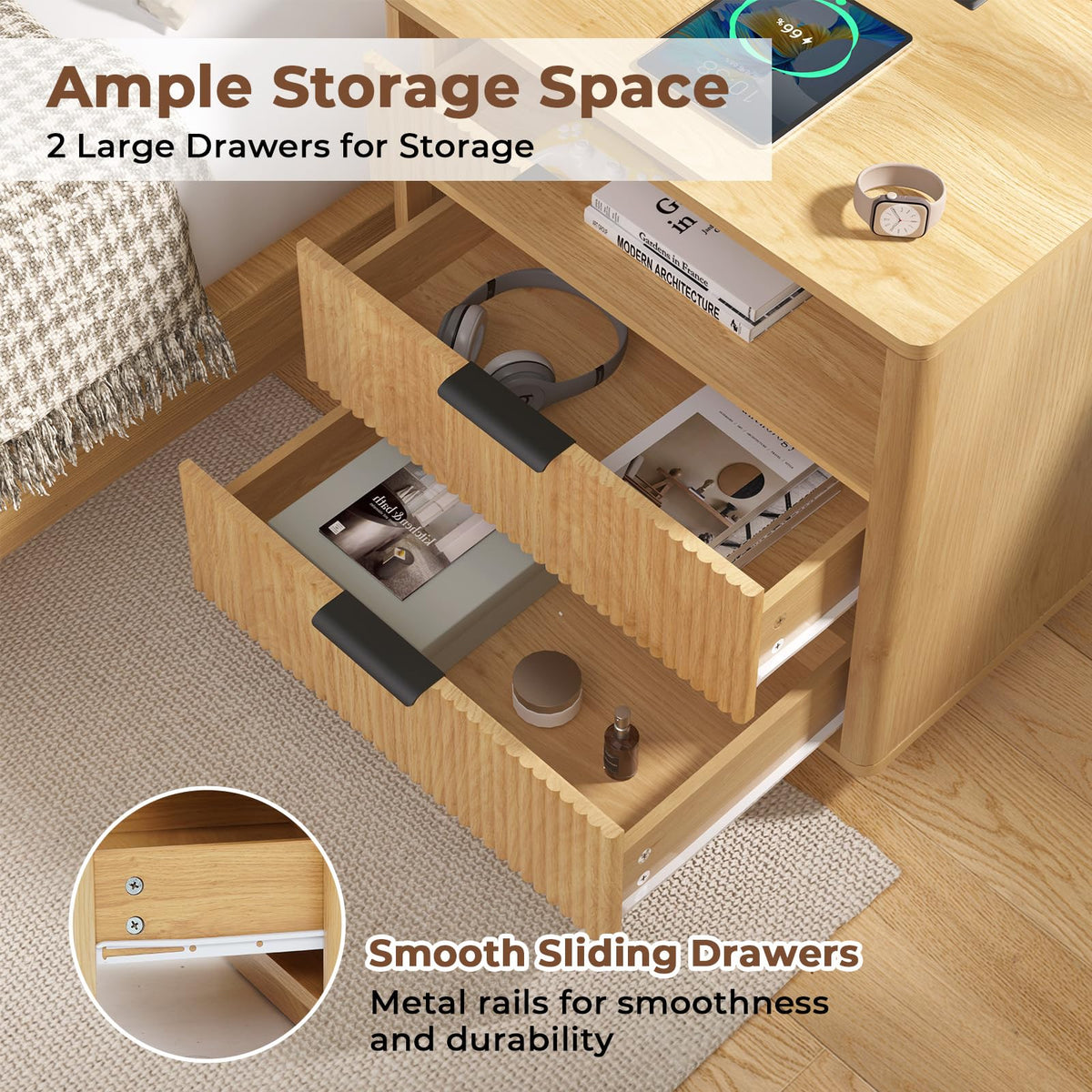 HOMMPA 24'' Fluted Nightstand Set of 2 with Charging Station, Modern Night Stand with 2 USB Ports & 2 AC Outlets, Wood Bedside Table with Open Compartment, 2 Drawer Side Table for Bedroom