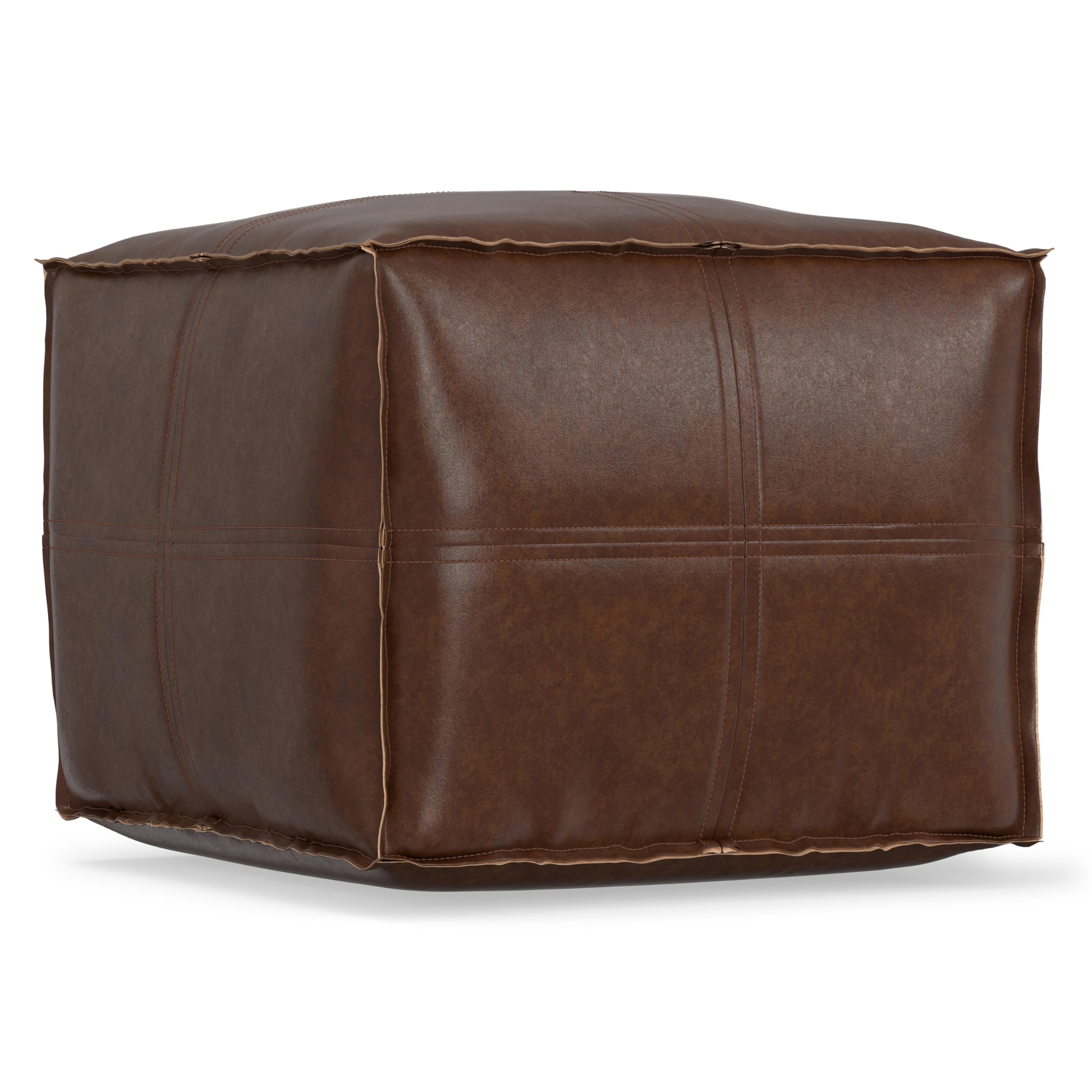 SIMPLIHOME Brody Square Pouf - 18" Wide x 14" High Upholstered Vegan Leather Ottoman in Distressed Dark Brown, Boho Footstool, Coffee Table or Extra Seating for Living Room or Bedroom, Assembled