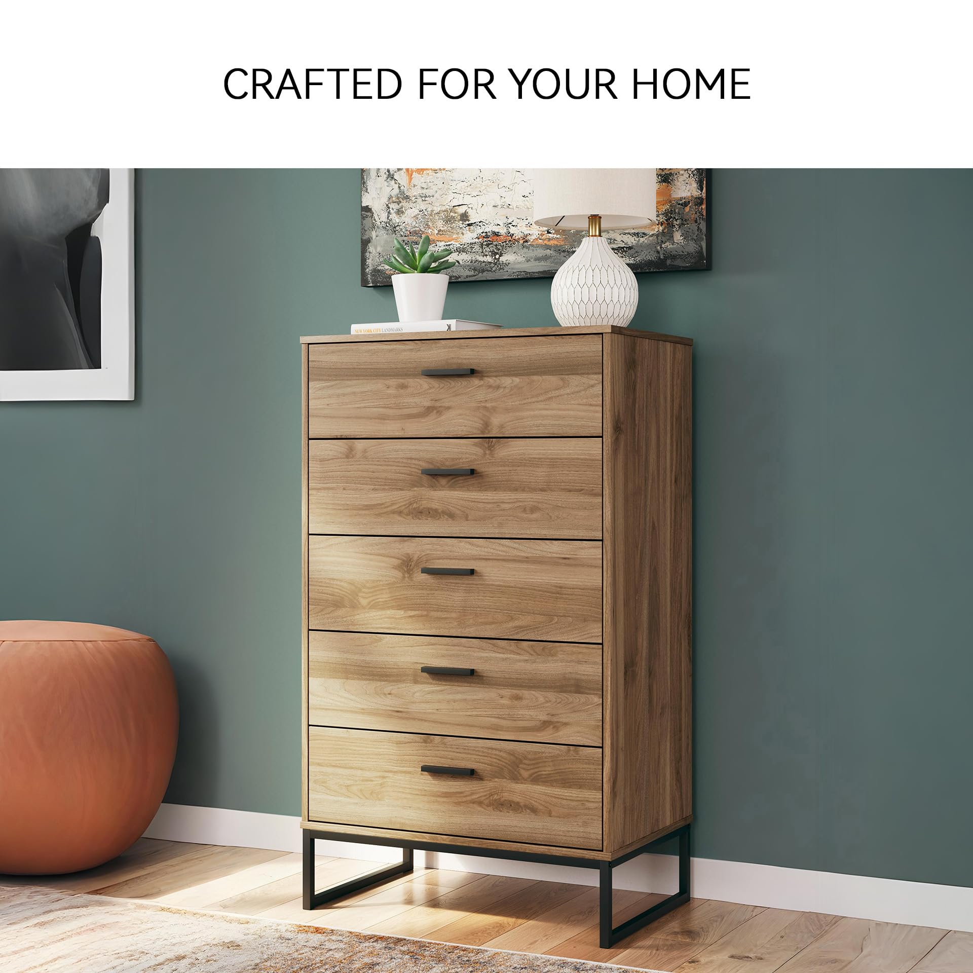 Signature Design by Ashley Deanlow Mid-Century Modern Chest of Drawers with Dark Pewter-Tone Legs and Handles, 5 Storage Drawers, Wood, 50.67" High, Brown