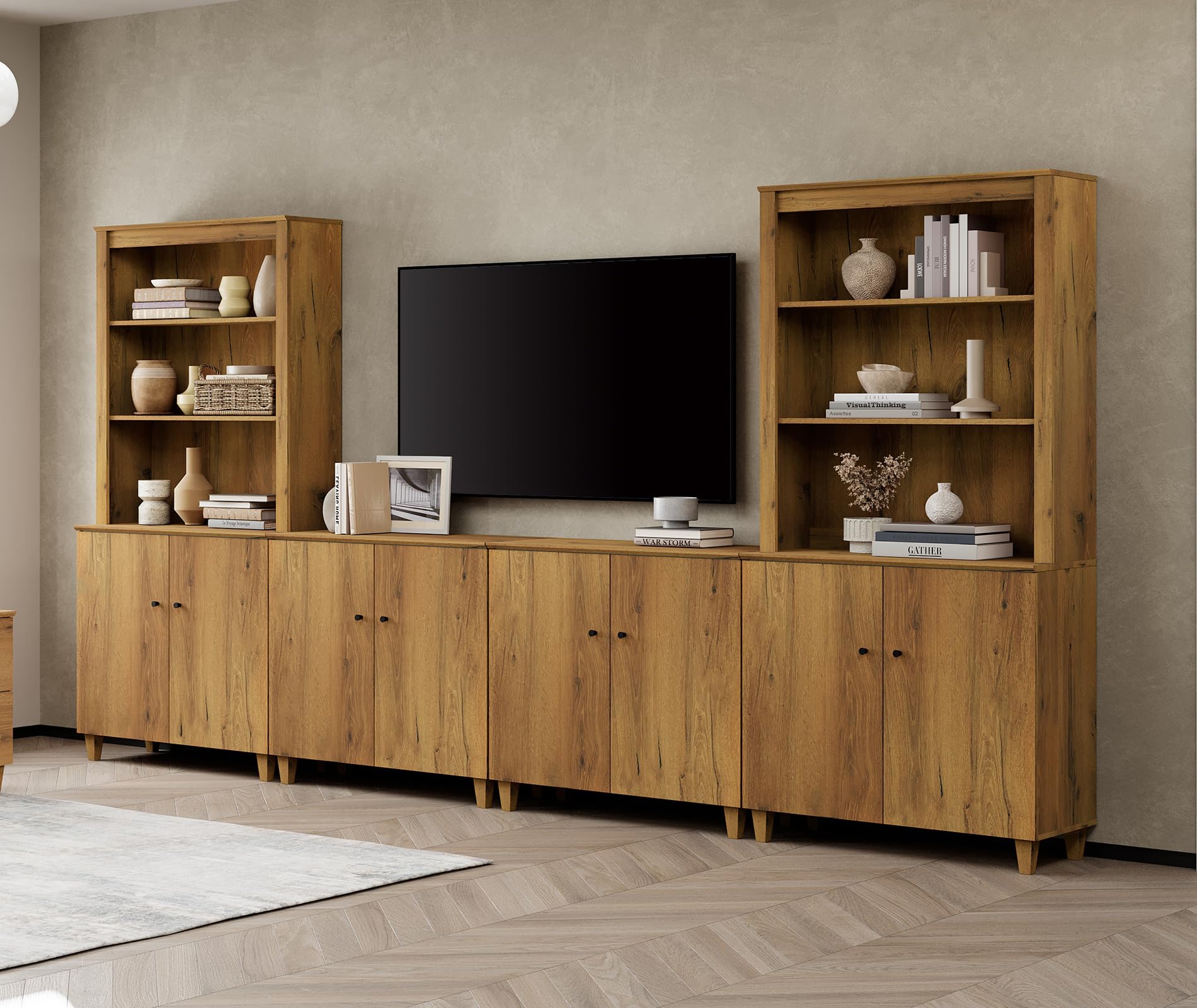 WAMPAT Entertainment Center with Bookshelves for 75" TVs, Mid-Century Modern Wall Unit TV Stand with Cabinets, Wooden Media Console Bookcase Set for Living Room Bedroom Home Theater, Oak Brown