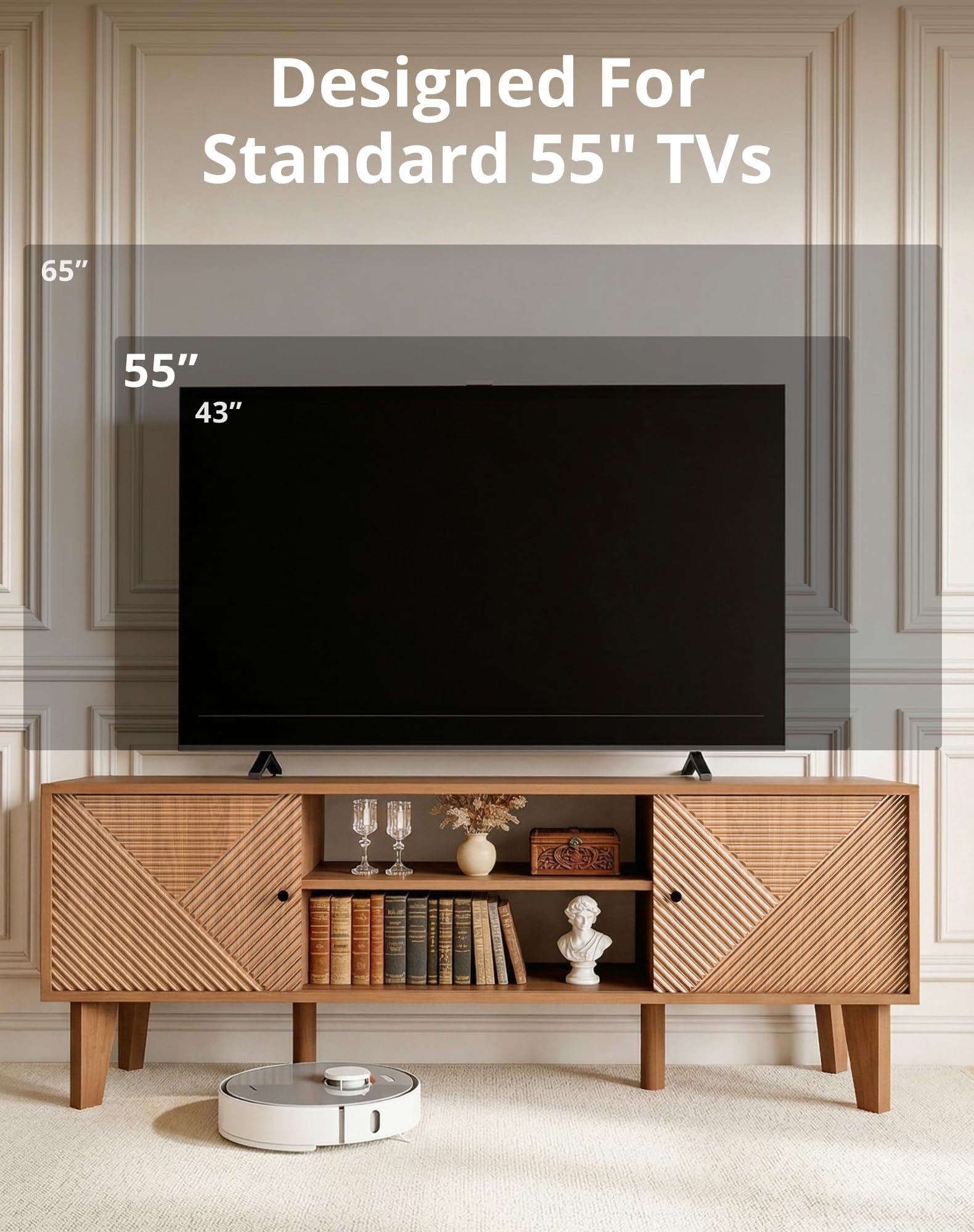 Mid-Century Modern TV Stand with Fluted Door Cabinets