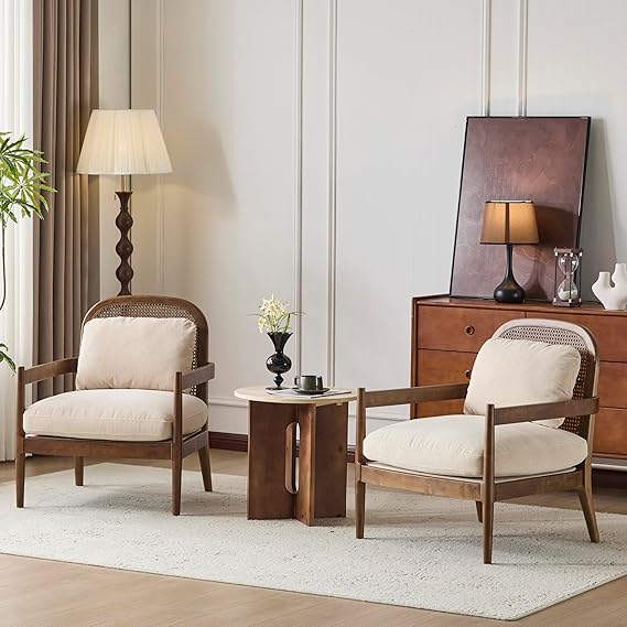 Mid-Century Club Chair Set of 2 with Rattan Back