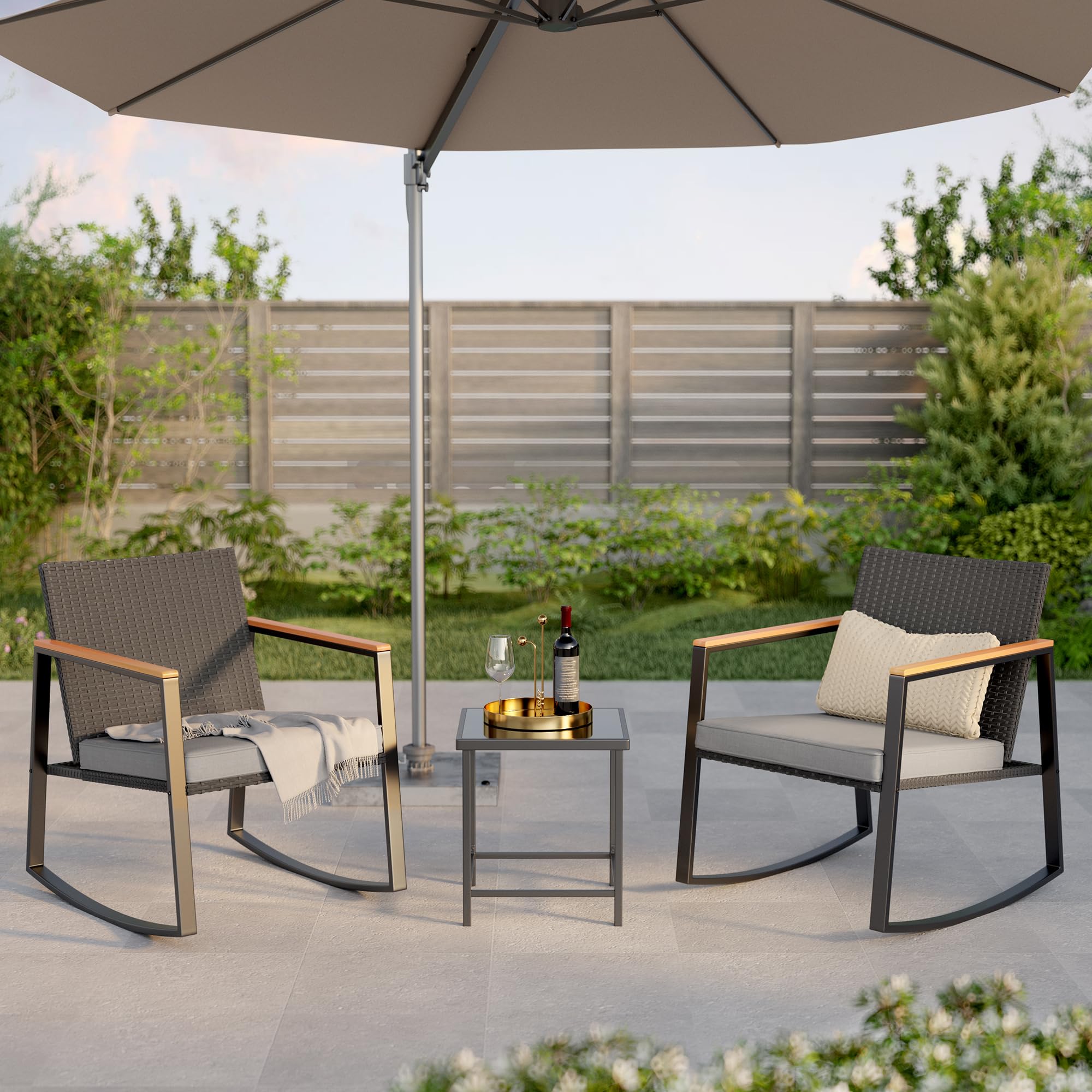 Gizoon 3 Pieces Rocking Patio Bistro Set with Anti-Scald Armrest, Outdoor Patio Wicker Furniture Set with Glass Table and Cushion for Garden, Yard, Porch