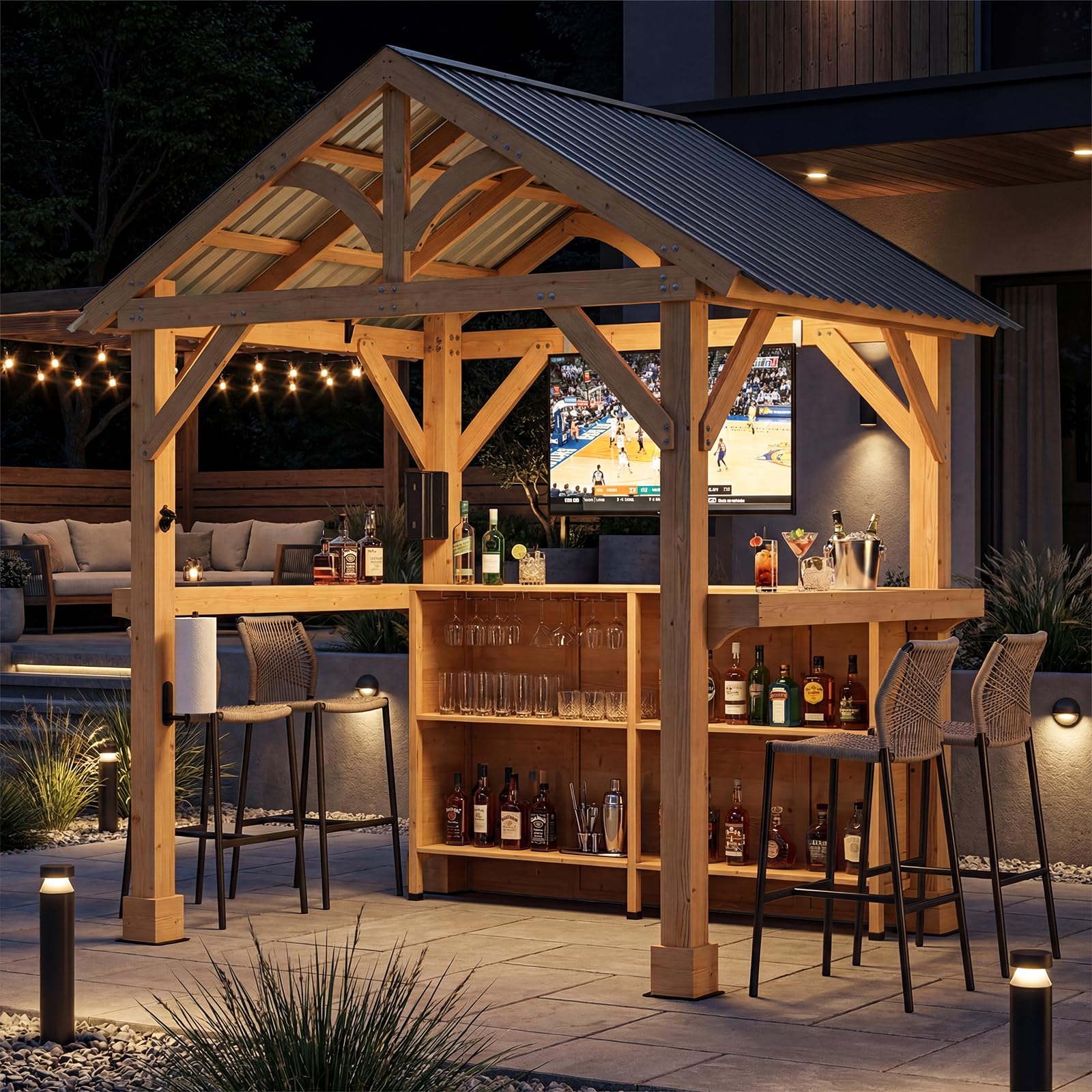 SUNBURY Shade Grill Gazebo, Outdoor Wood Bar Pavilion with Storage Shelves, Patio Bar Counter with Hardtop Galvanized Steel Roof, Backyard Entertaining Station for BBQ, Pool Party, Garden Deck