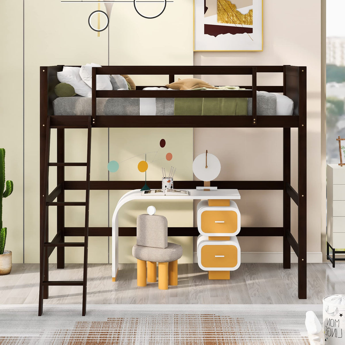SOFTSEA Twin Size Loft Bed for Teens Adults, Solid Wood High Loft Bed Frame with Safety Rails & Ladder, Espresso