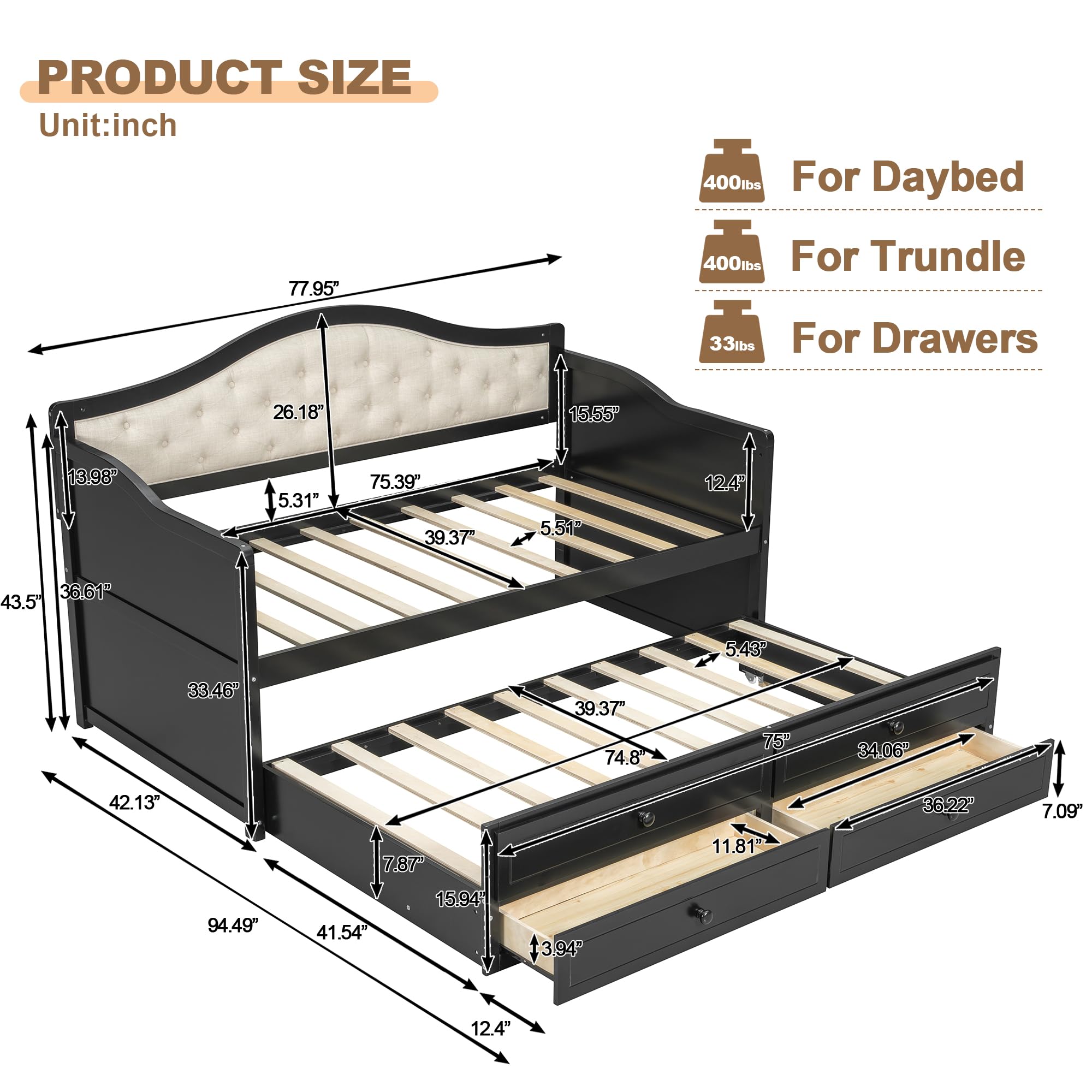 Bellemave Twin Size Daybed Frame with Trundle and Storage Drawers,Day Bed Frame Twin Size,Wood Daybed with Upholstered Button Tufted Backrest for Bedroom,Living Room,Black