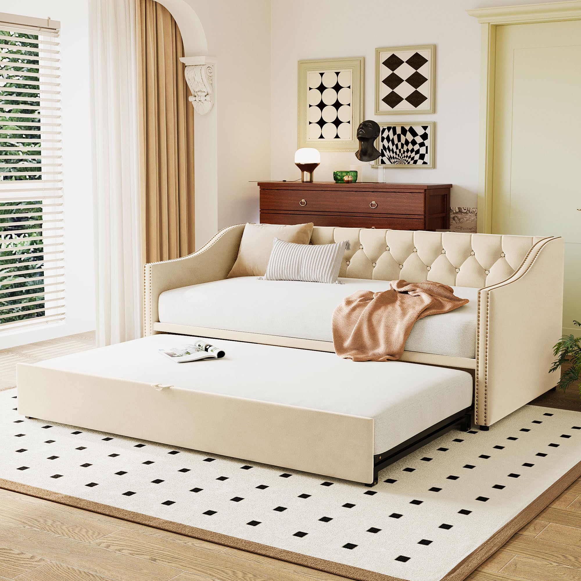 Merax Twin Size Upholstered Velvet Daybed with Pop Up Trundle, Multi-Functional Sofa Bed with Backrest and Two Armrest for Kids Room, Guest Room, Living Room,Beige