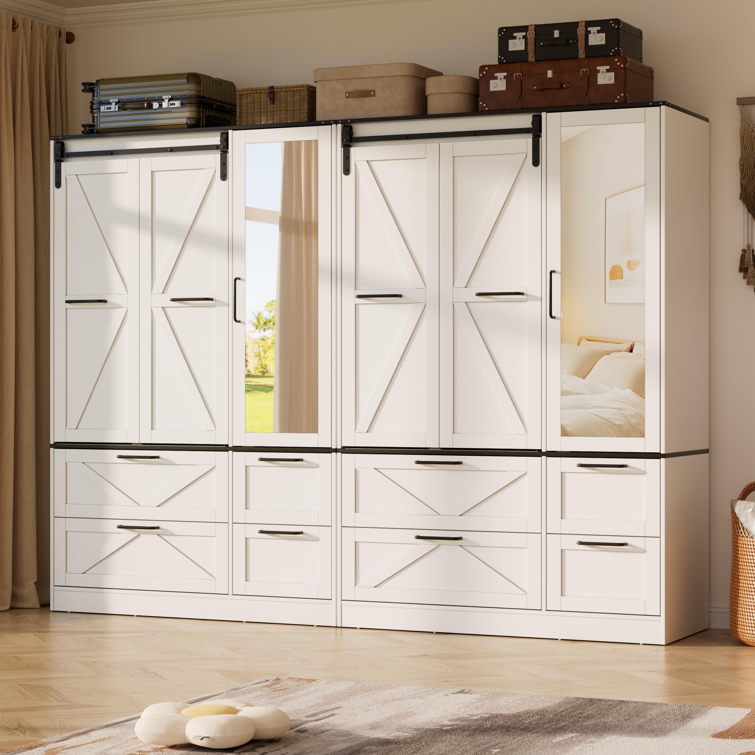 PAKASEPT Armoire Wardrobe Closet with w/Folding Sliding Barn Door, 72.83" H Bedroom Armoires with Mirror and Sensor Lights, Hanging Rod, Wardrobe Closet for Bedroom (6 Doors)
