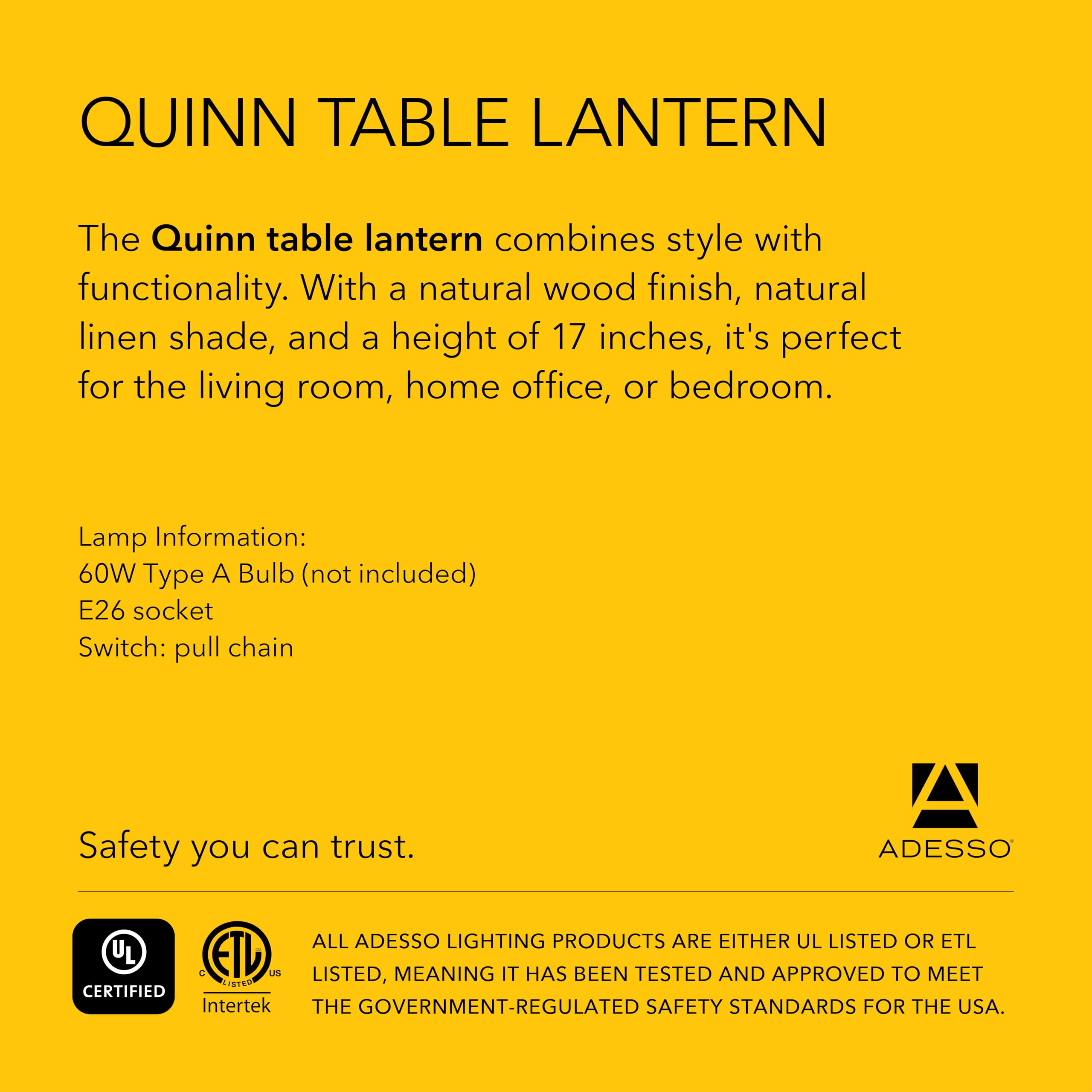 Adesso Quinn Table Lantern - Walnut Birch Wood & Natural Linen Shade – Perfect Nightstand, End Table, and Desk Lamp