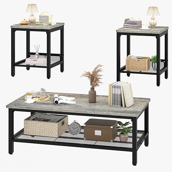 3-Piece Industrial Coffee Table Set with 2 End Tables