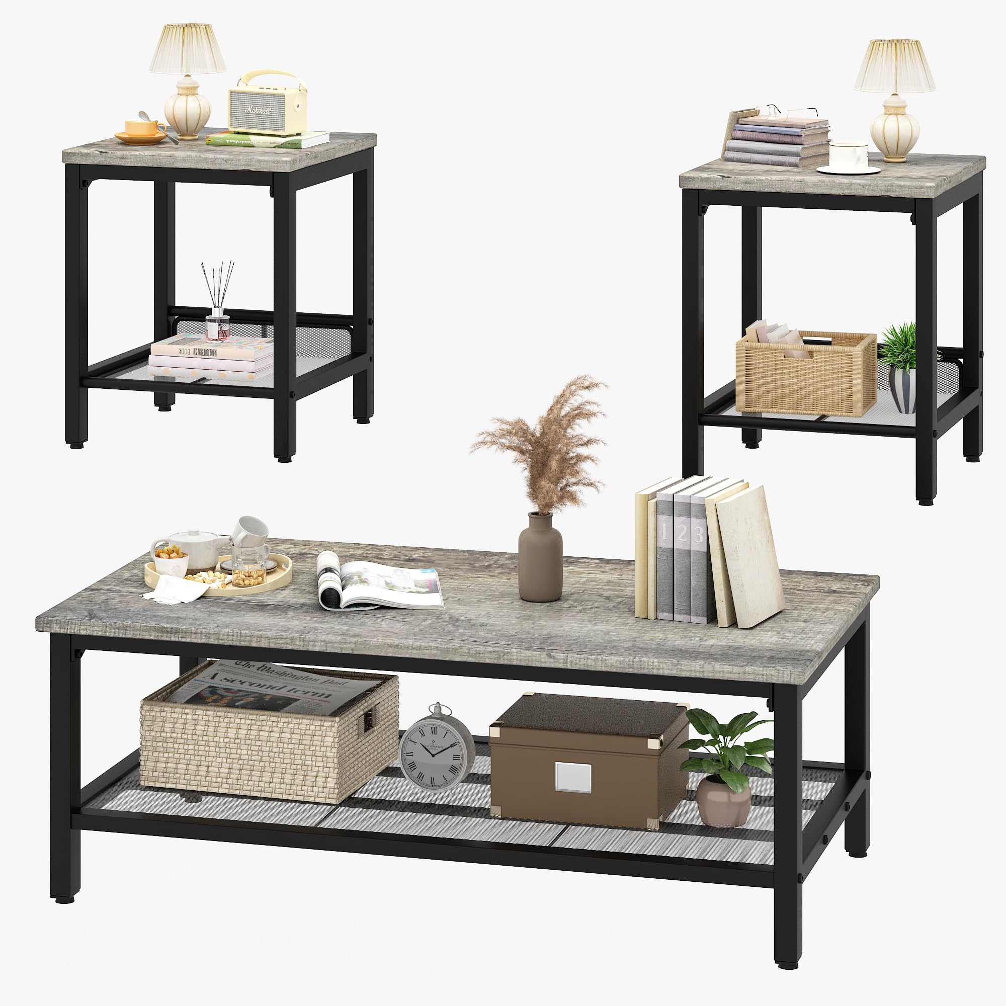 Industrial 3-Piece Coffee Table Set with 2 End Tables