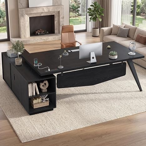 78" L-Shaped Executive Desk with Power Outlets & File Cabinet