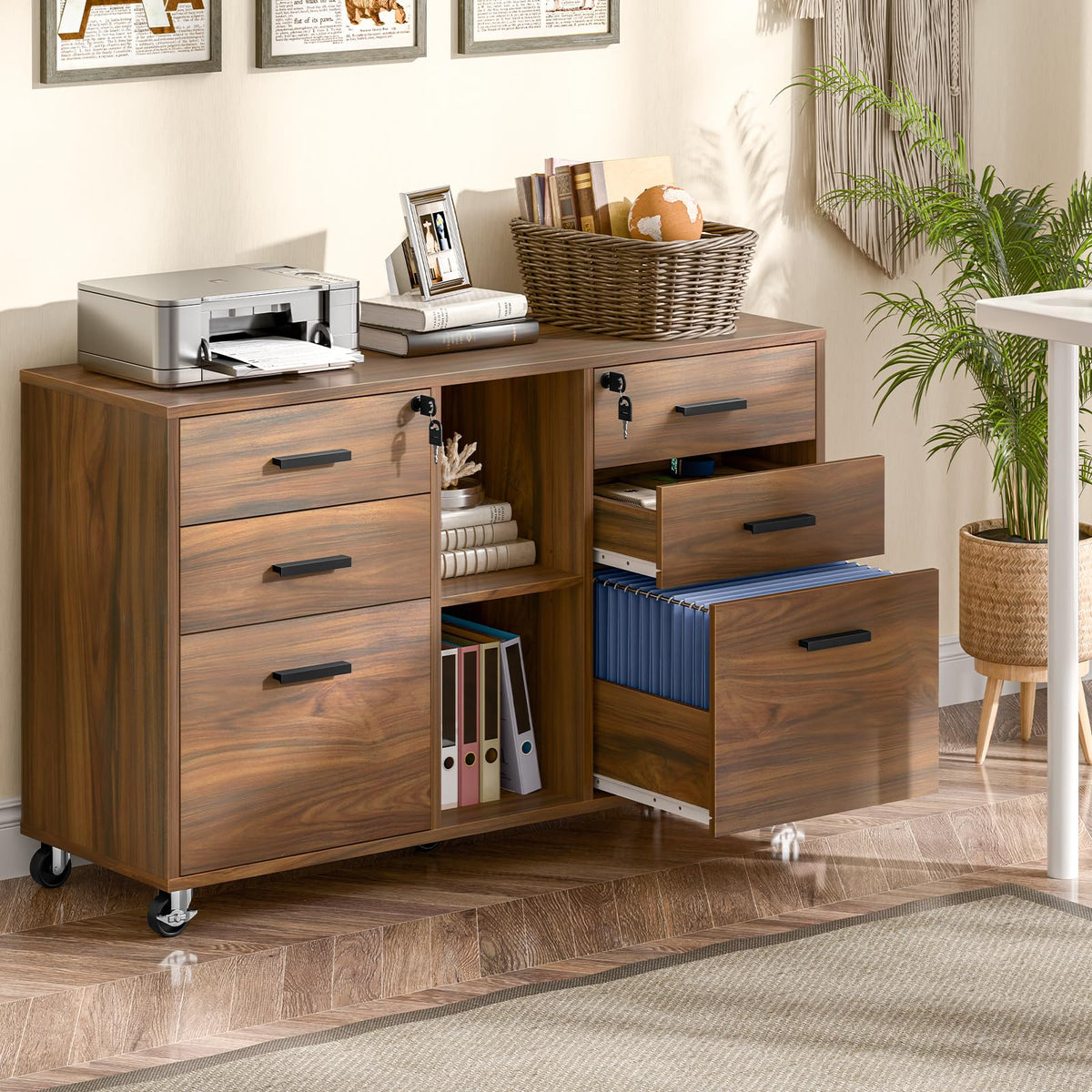 Mobile Lateral File Cabinet with Lock, Rolling Filing Cabinet, Brown