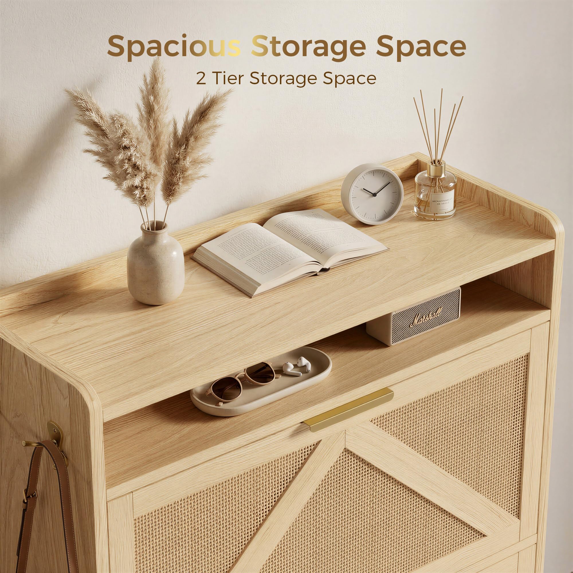 Rattan Shoe Cabinet with Flip Drawers & Side Hooks