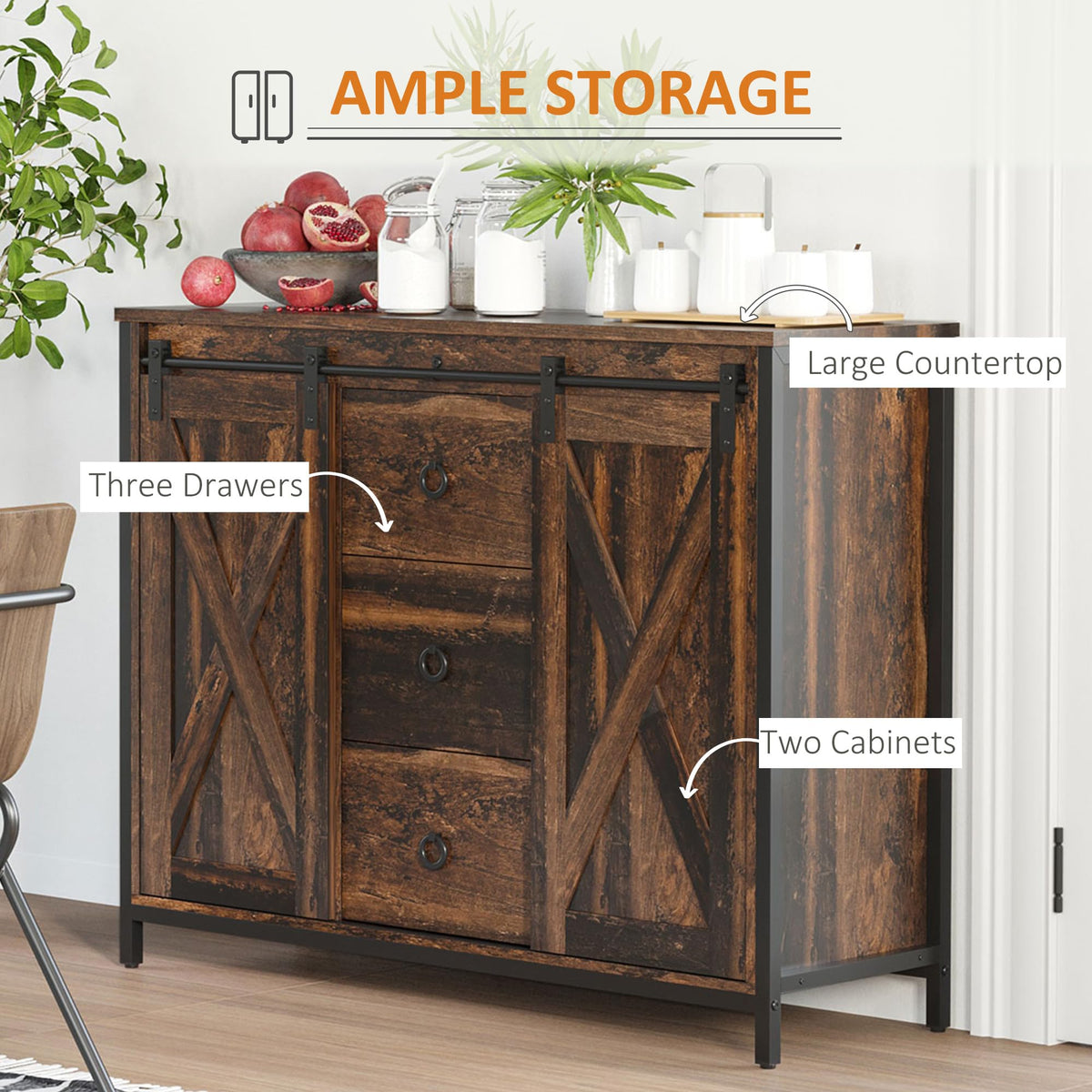HOMCOM Industrial Farmhouse Buffet Cabinet, Kitchen Sideboard with Sliding Barn Doors, Three Drawers and Adjustable Shelves for Living Room, Rustic Brown