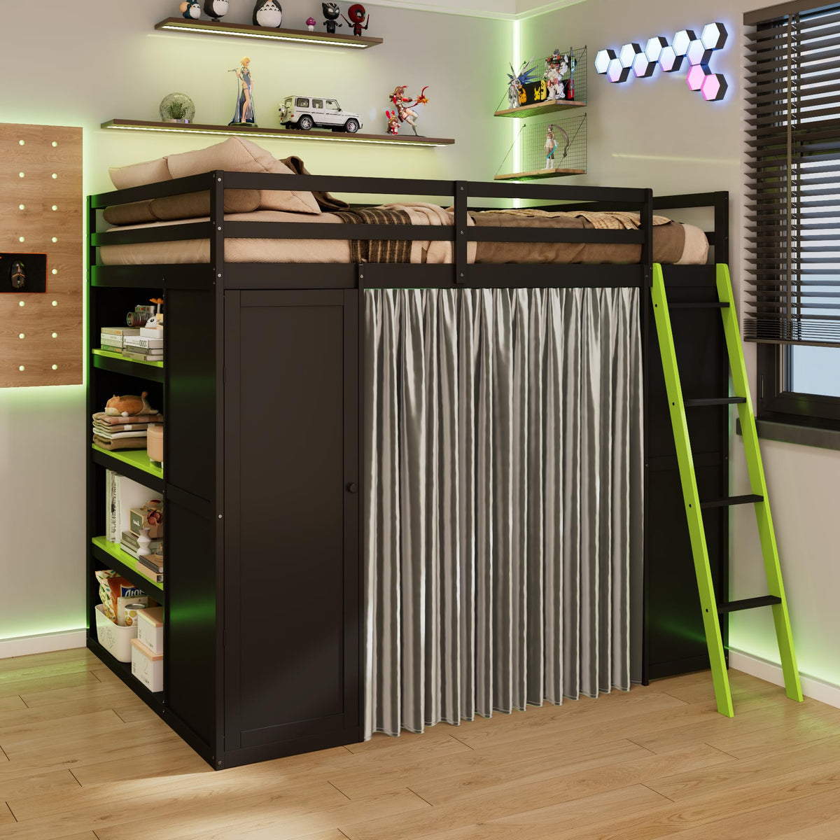 Merax Full Size Loft Bed with Desk and 6 Storage Shelves, Wardrobe, Blackout Curtain, Sturdy Wood Gaming Loft Bunk Bed Frame with USB Port & RGB Lights, No Box Spring Need, Space-Saving, Black+Green