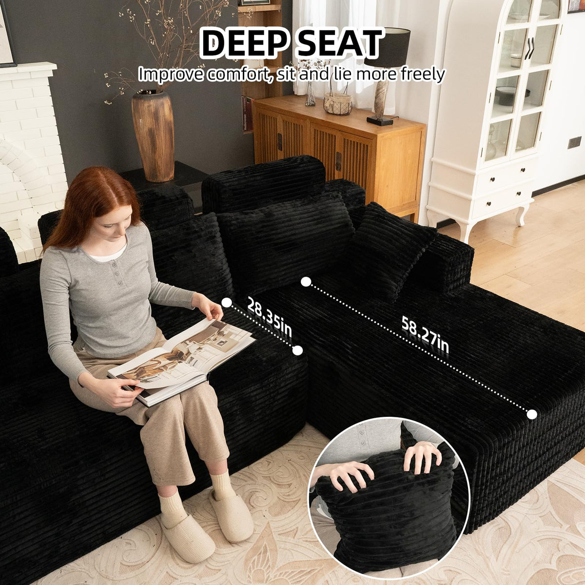 134" Boneless Couch for Living Room, Oversized U Shaped Modular Cloud Sofa with Deep Seat, 6 Seater Convertible Memory Foam Couches, No Assembly Plush Corduroy Sofa (Black)