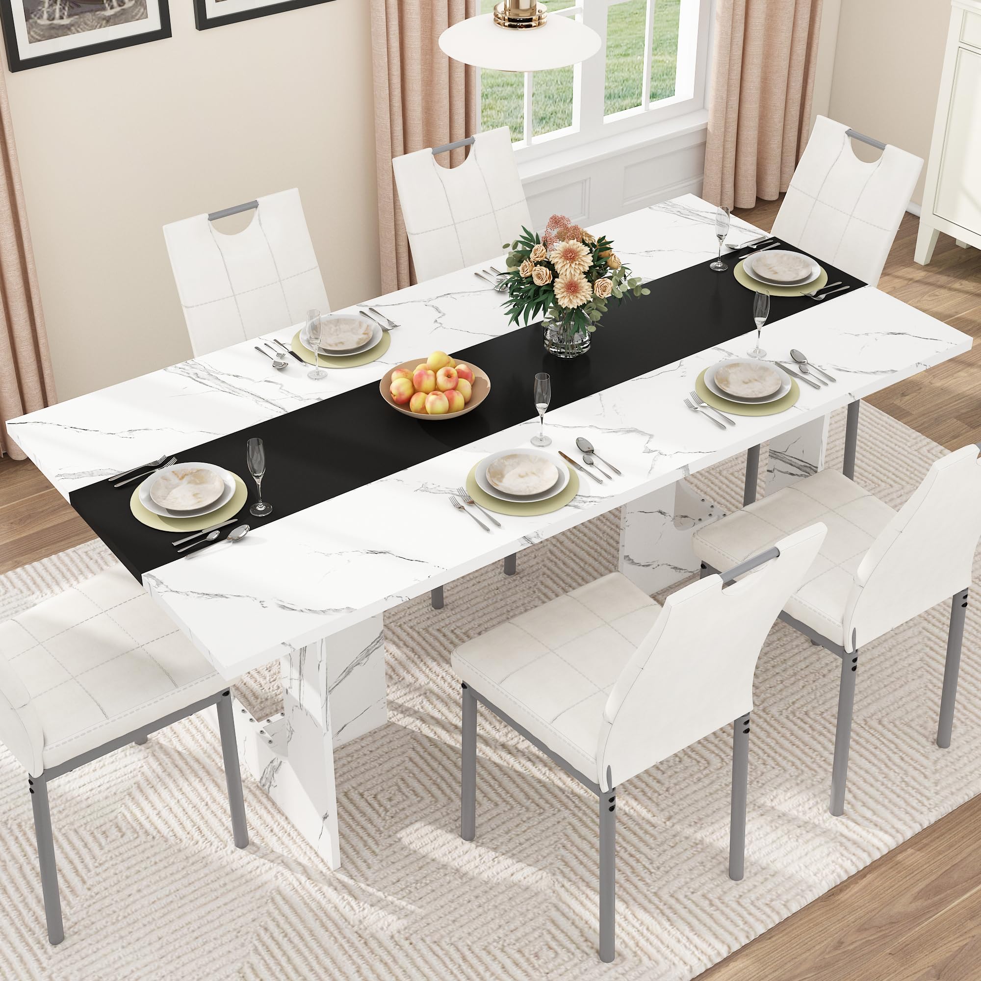 71-Inch Marble-Top Dining Table with U-Shape Base