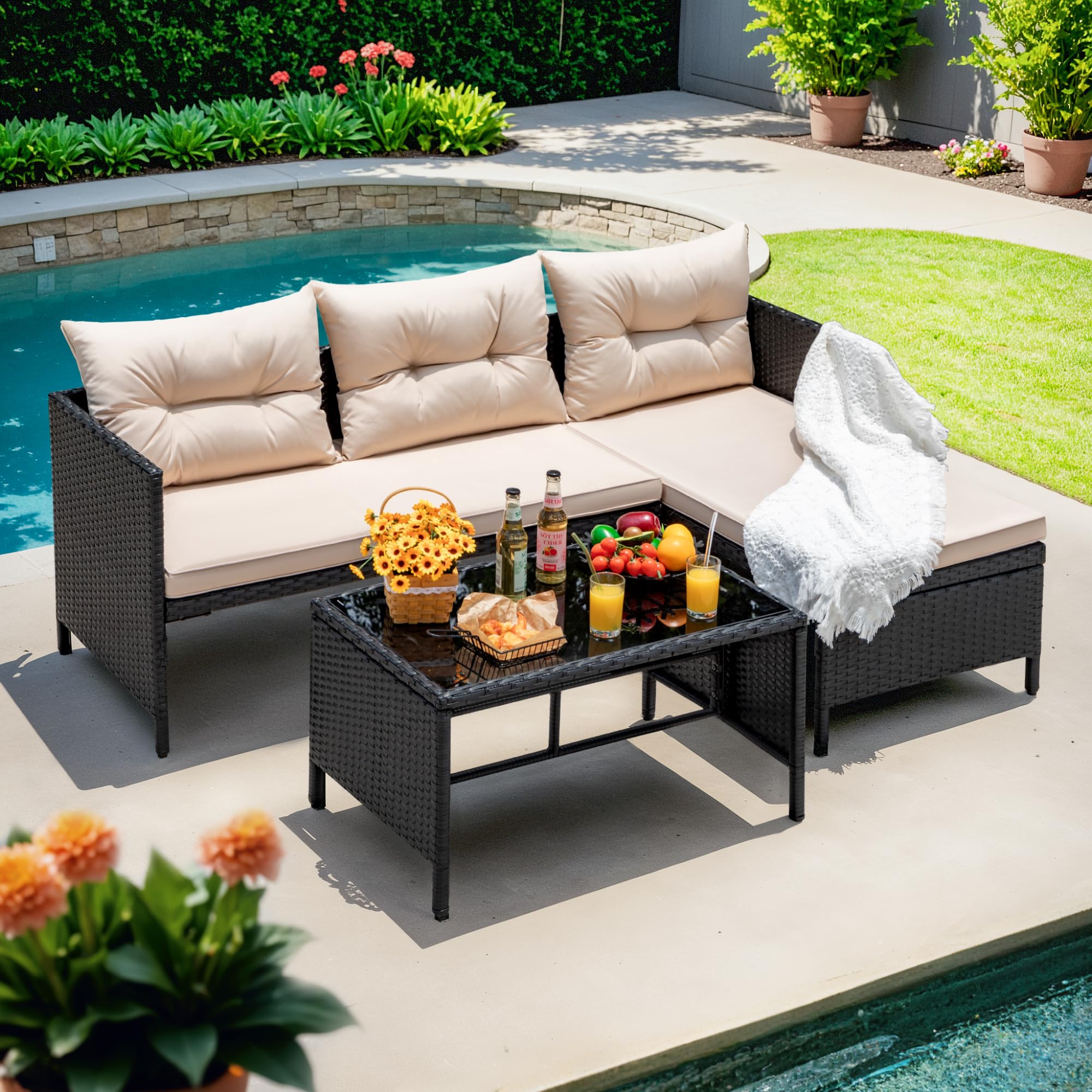 3-Piece L-Shaped Outdoor Sectional Sofa with Glass Table