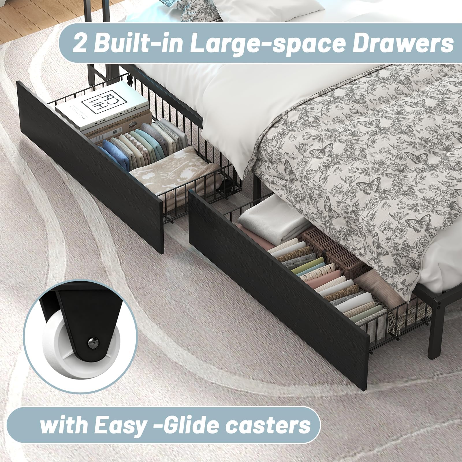 Full Size Corner Bed Frame with Storage, LED Lights & Charging Station